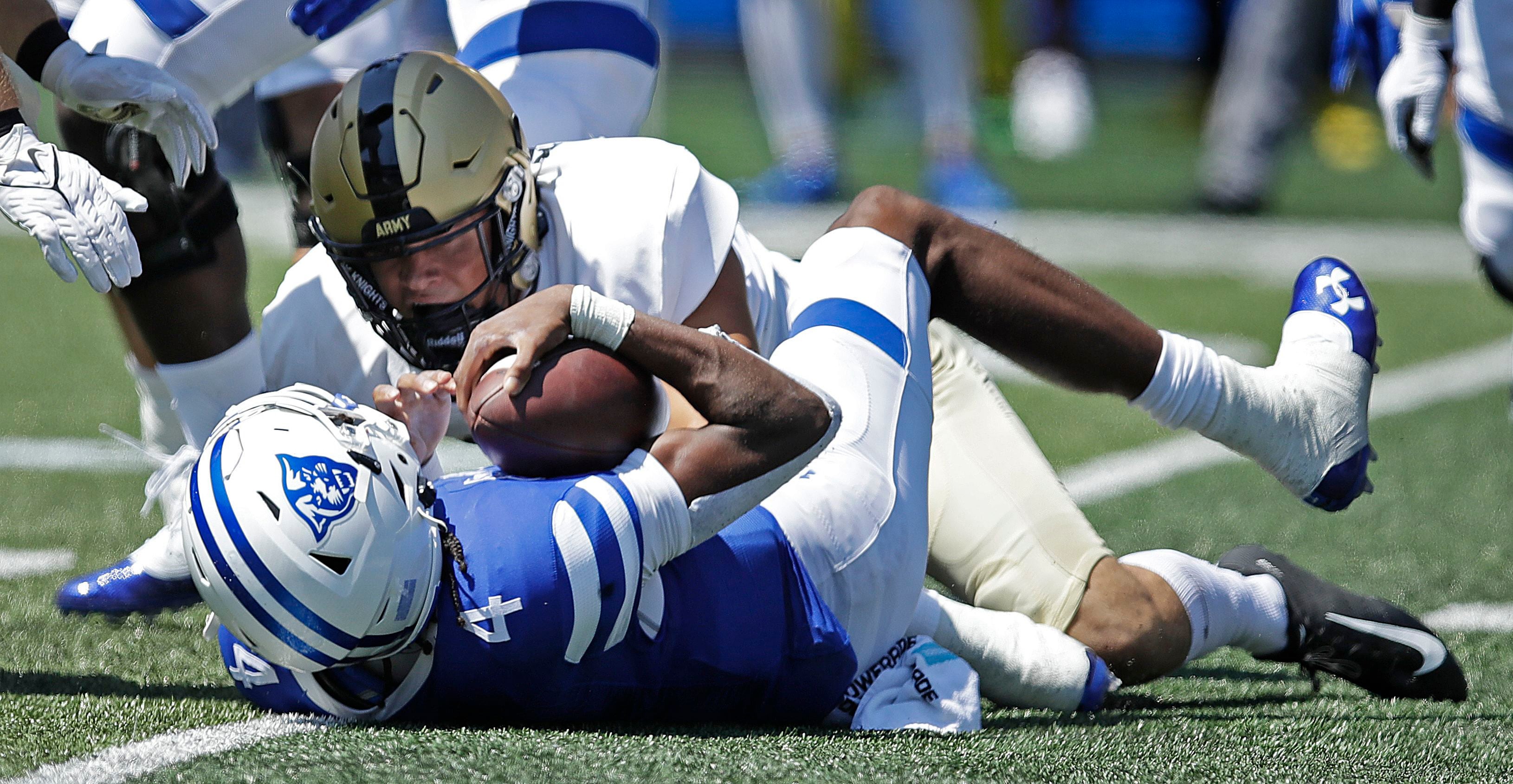 WEST POINT, NY - SEPTEMBER 17: Army Black Knights linebacker Andre Carter  II (34) warms up prior to the college football game between the Army Black  Knights and the Villanova Wildcats on