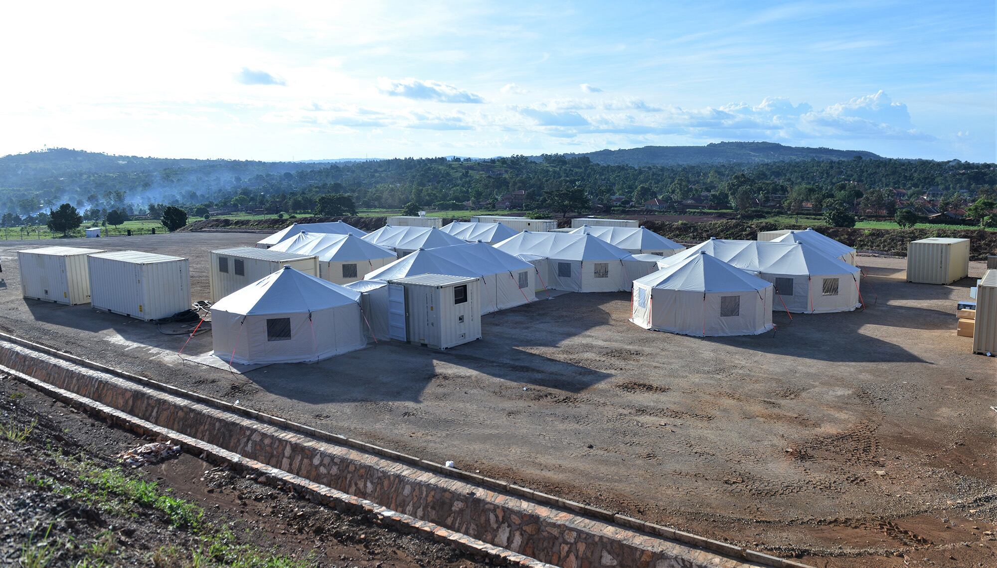 A UN-standard level-2 mobile treatment facility stands in the motor pool of the Uganda Rapid Deployment Capabilities Center in Jinja, Uganda, May 16, 2019.