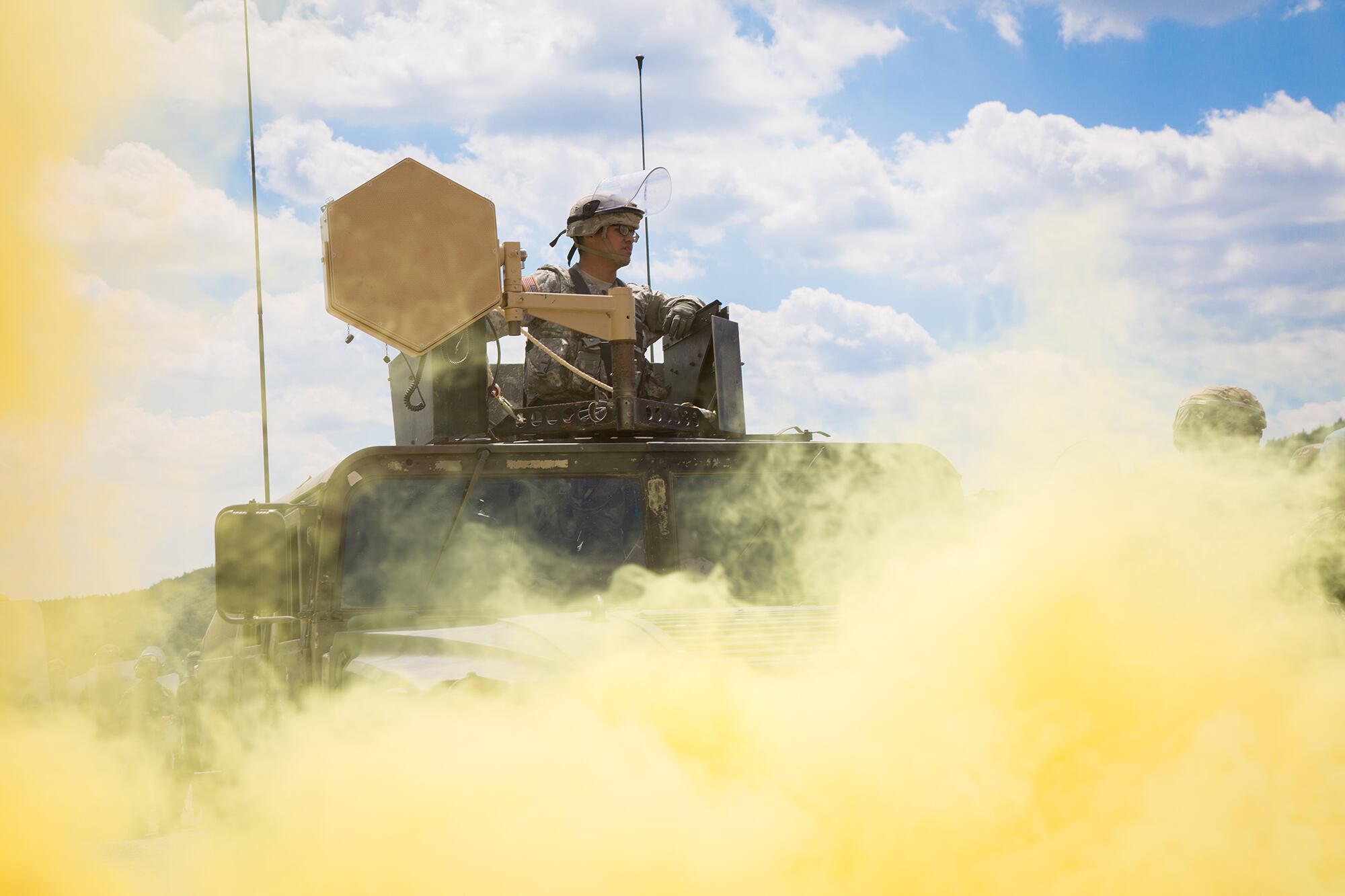 A U.S. soldier utilizes a Long Range Acoustic Device 500 while conducting a crowd riot control scenario during a Kosovo Force mission rehearsal exercise at the Joint Multinational Readiness Center in Hohenfels, Germany, July 5, 2017.