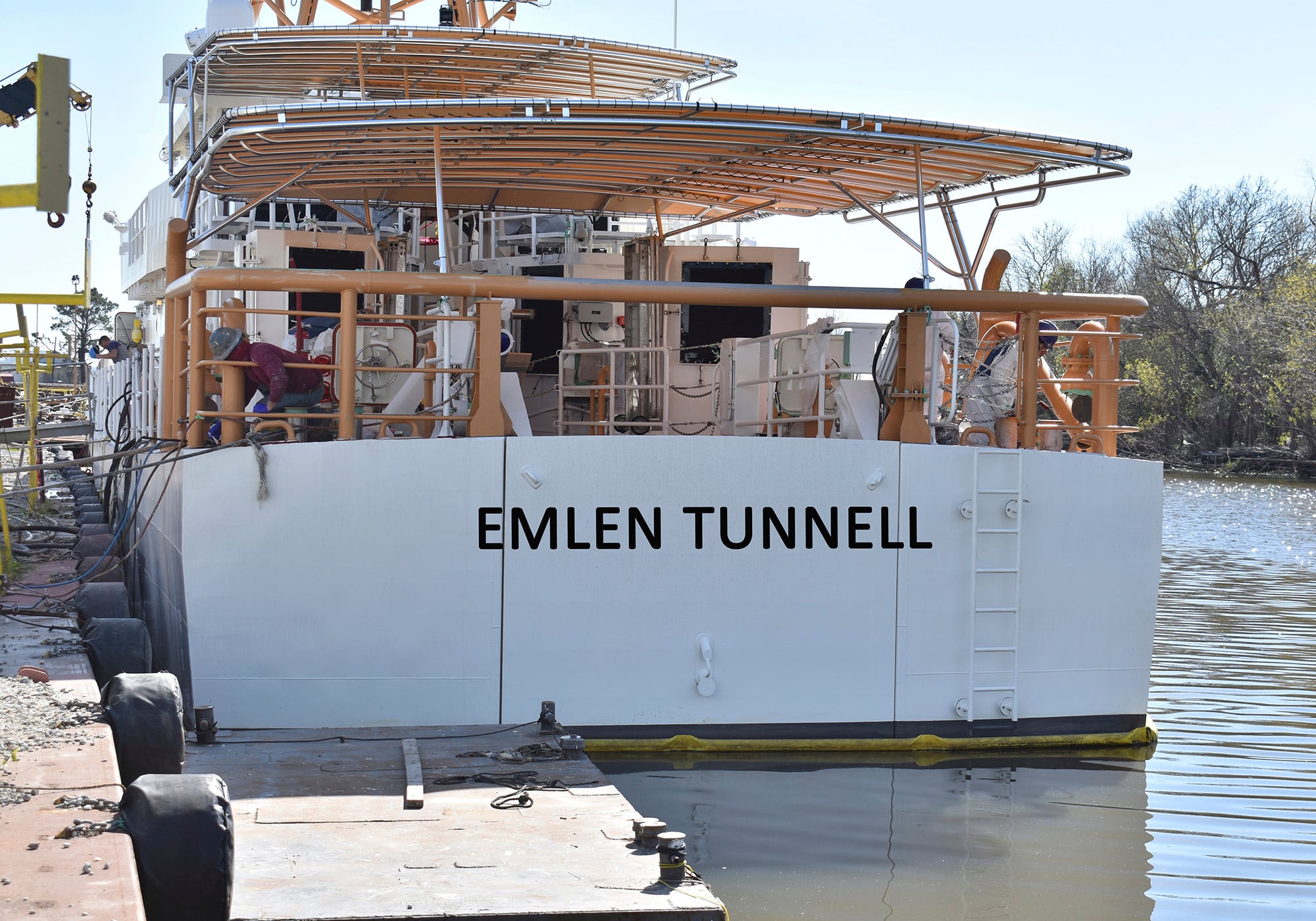 This undated photo provided by the United States Coast Guard shows a U.S. Coast Guard cutter named for Emlen Tunnell, docked in Bollinger Shipyard, in Lockport, La.