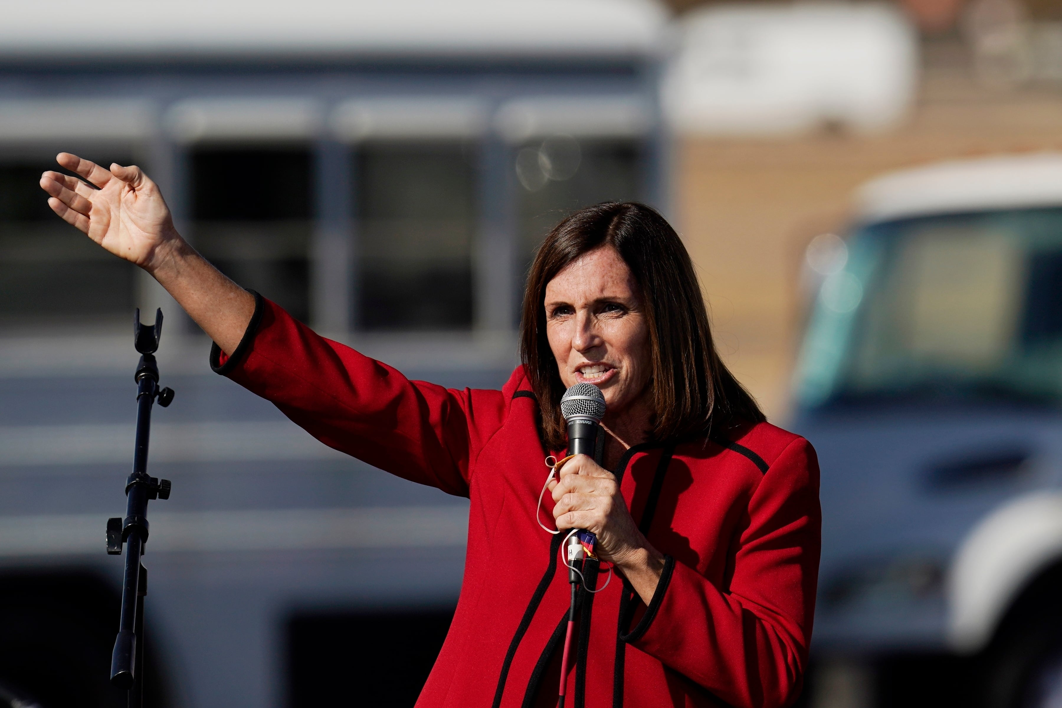 Then-Sen. Martha McSally, R-Ariz., speaks during a rally at Tucson International Airport, Oct. 30, 2020, in Tucson, Ariz.