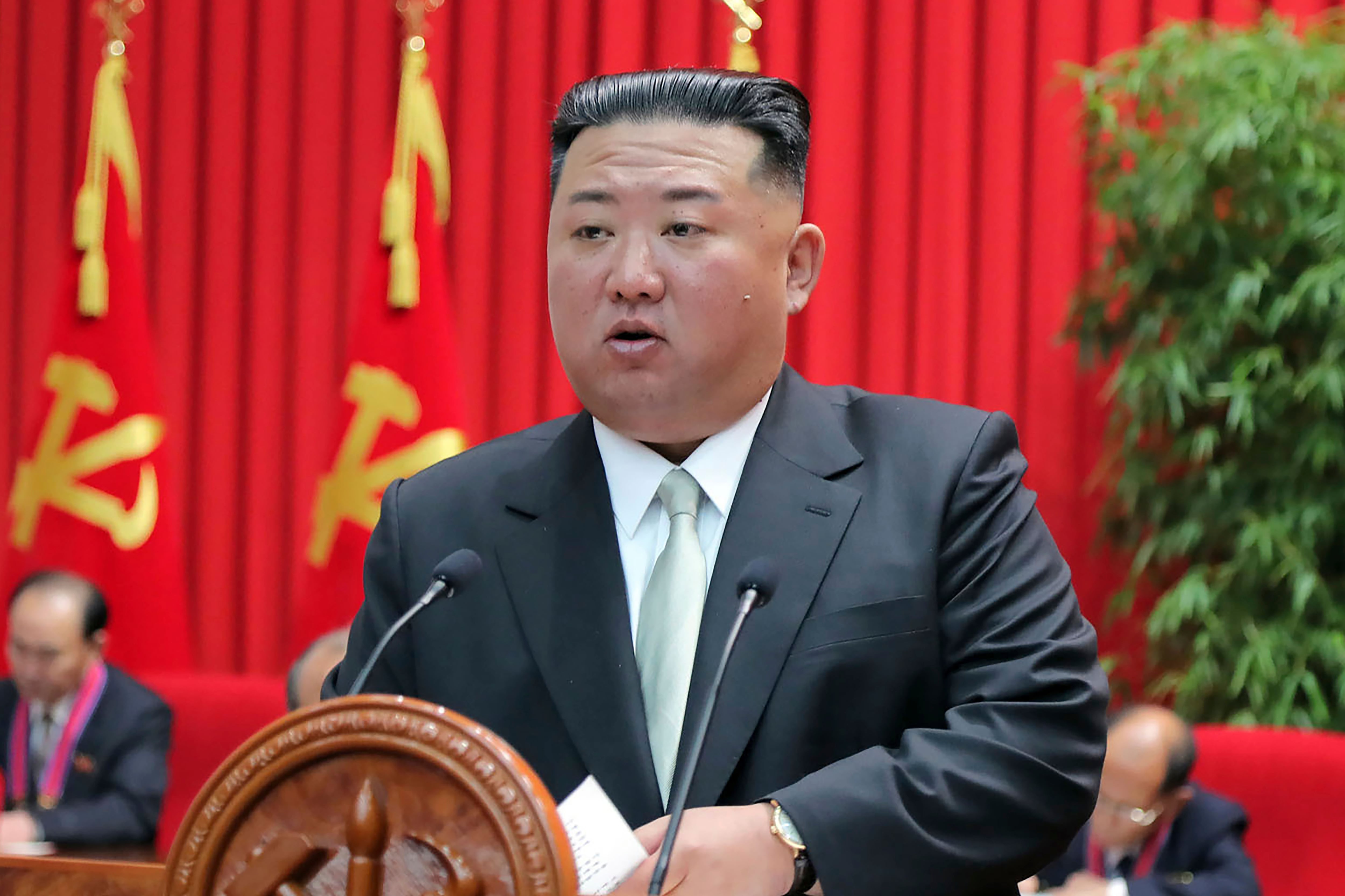 In this photo provided by the North Korean government, North Korean leader Kim Jong Un gives a lecture at the Central Cadres Training School in North Korea on Oct. 17, 2022.