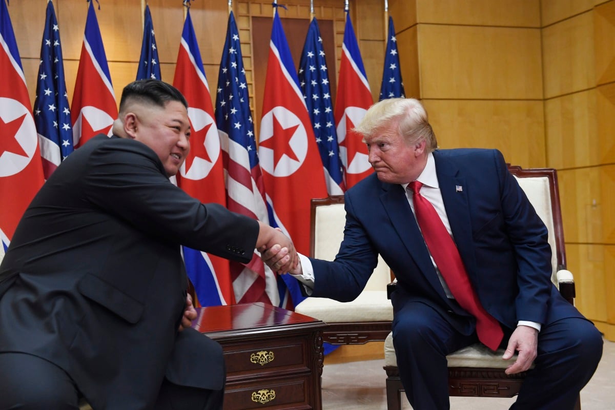 President Donald Trump meets with North Korean leader Kim Jong Un at the border village of Panmunjom in the Demilitarized Zone, South Korea, Sunday, June 30, 2019.