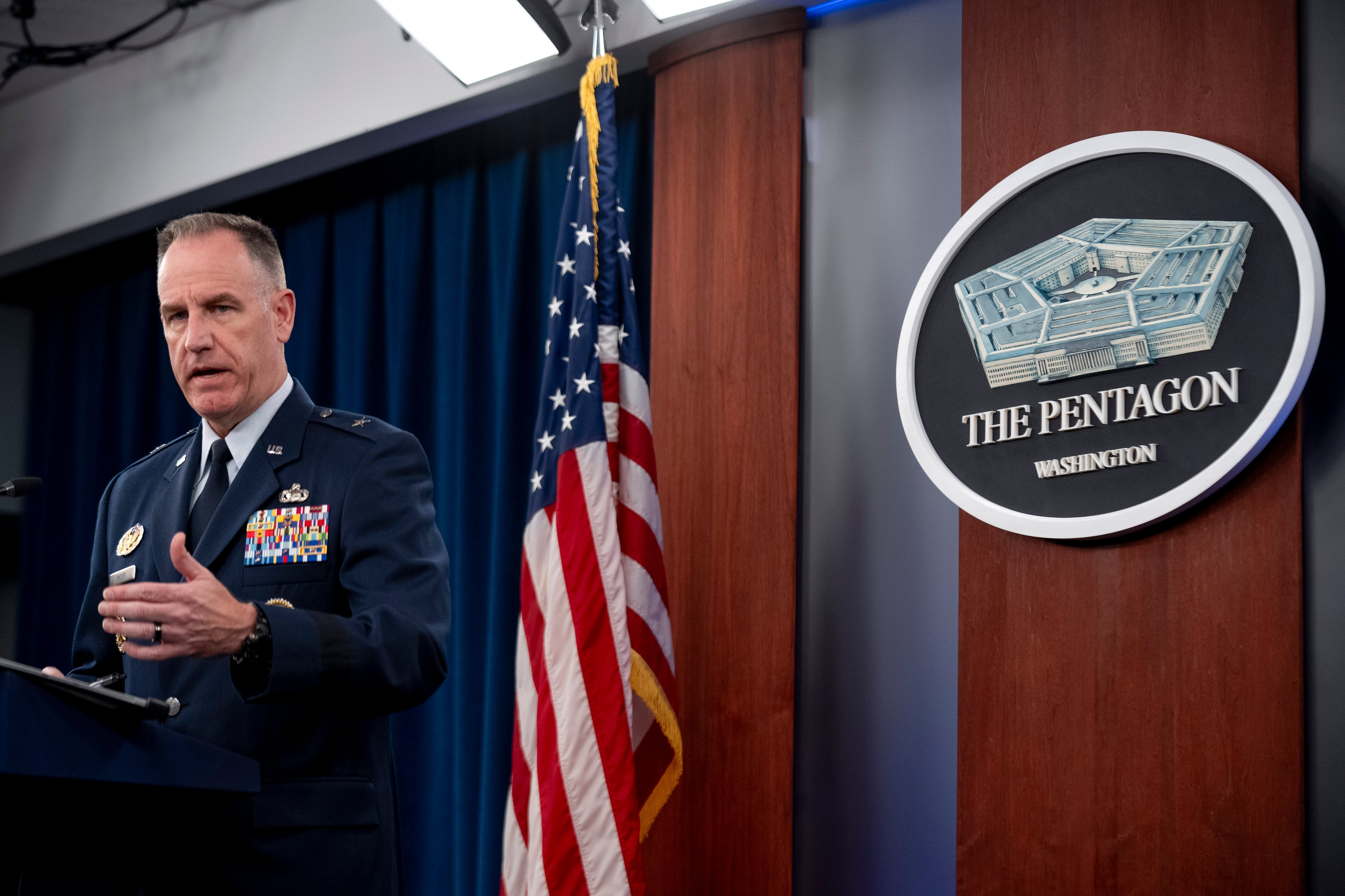 Pentagon spokesman Air Force Brig. Gen. Patrick Ryder speaks during a briefing at the Pentagon in Washington, Thursday, Oct. 19, 2023.