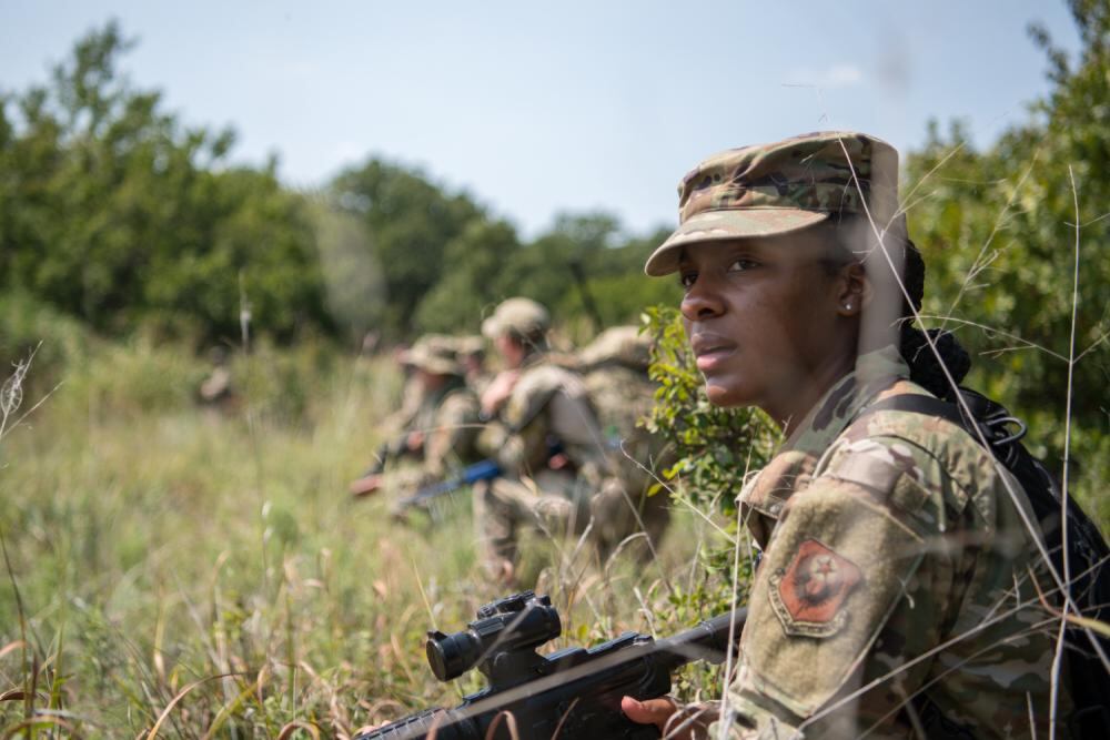 U.S. Air Force Senior Airman Kamilla Ali, a 137th Special Operations Wing mission sustainment team student in the Oklahoma Air National Guard, performs a site survey during MST training Sept. 10, 2022, at Fort Sill, Okla. The 137th SOW is continuously developing multi-capable airmen to meet the overarching strategy of agile combat deployment. (Senior Airman Alex Kaelke/Air National Guard)