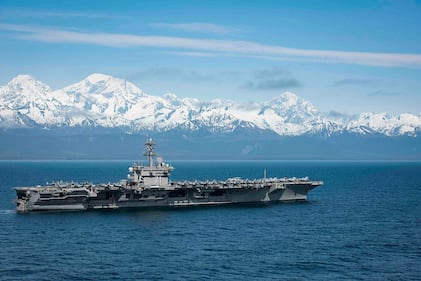 The Nimitz-class aircraft carrier USS Theodore Roosevelt (CVN 71) transits the Gulf of Alaska