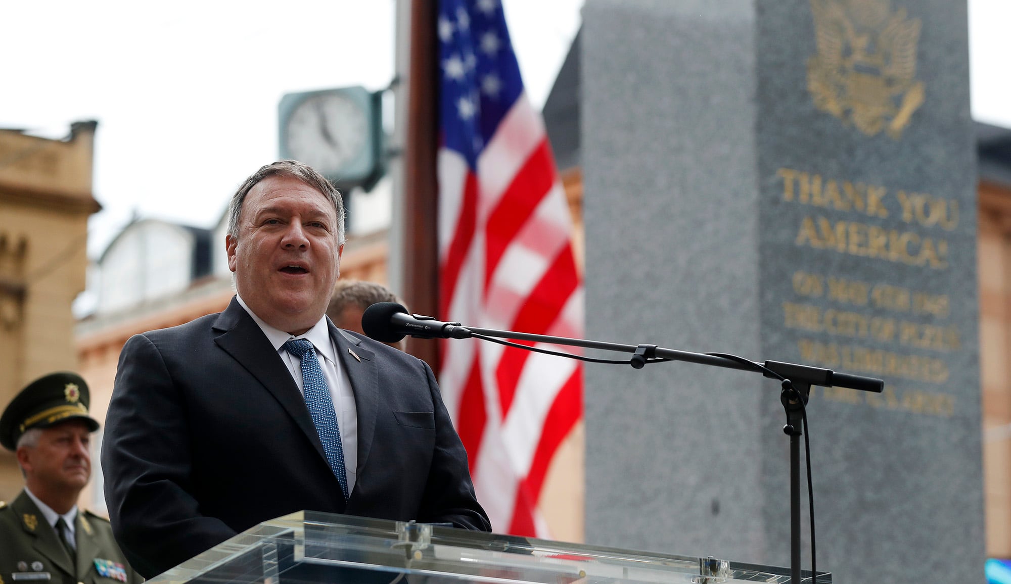 U.S. Secretary of State Mike Pompeo delivers a speech during a ceremony at the General Patton memorial in Pilsen near Prague, Czech Republic, Tuesday, Aug. 11, 2020.