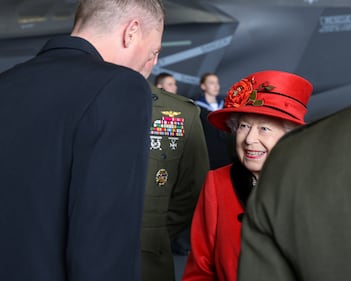 Britain's Queen Elizabeth II visited the Royal Navy aircraft carrier HMS Queen Elizabeth in Portsmouth May 22, 2021, just hours before the United Kingdom (UK) Carrier Strike Group 21 sailed for its first operational deployment.