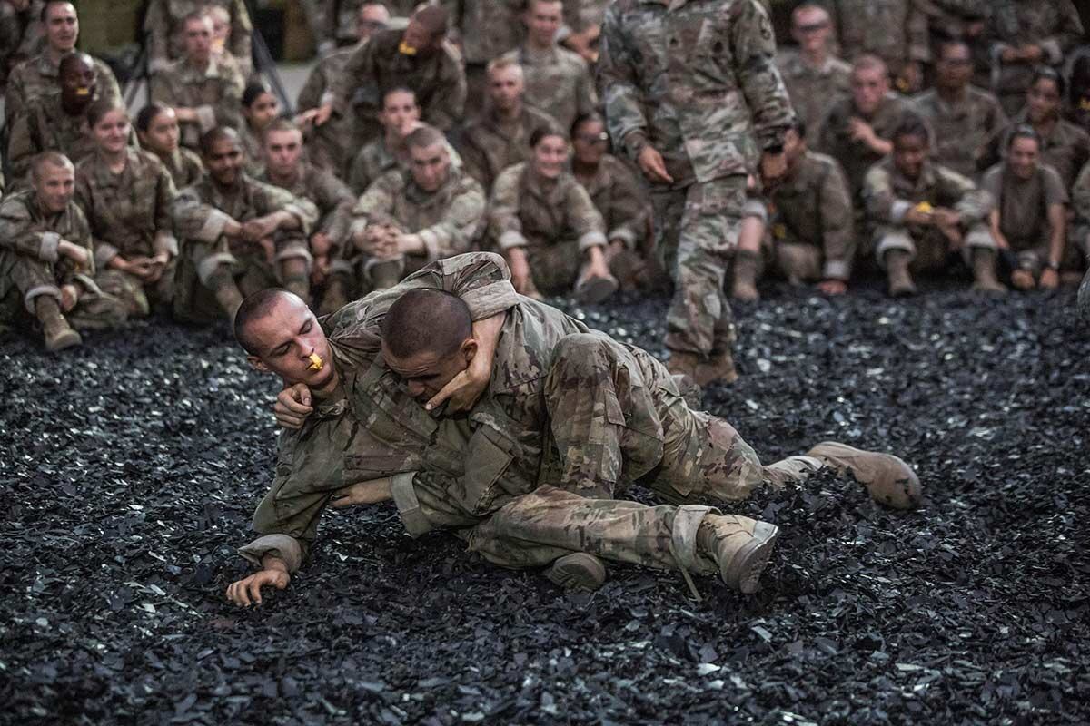 One of the final events prior to the trainees induction ceremony is combatives at Fort Jackson, S.C., on , Aug. 21, 2019.