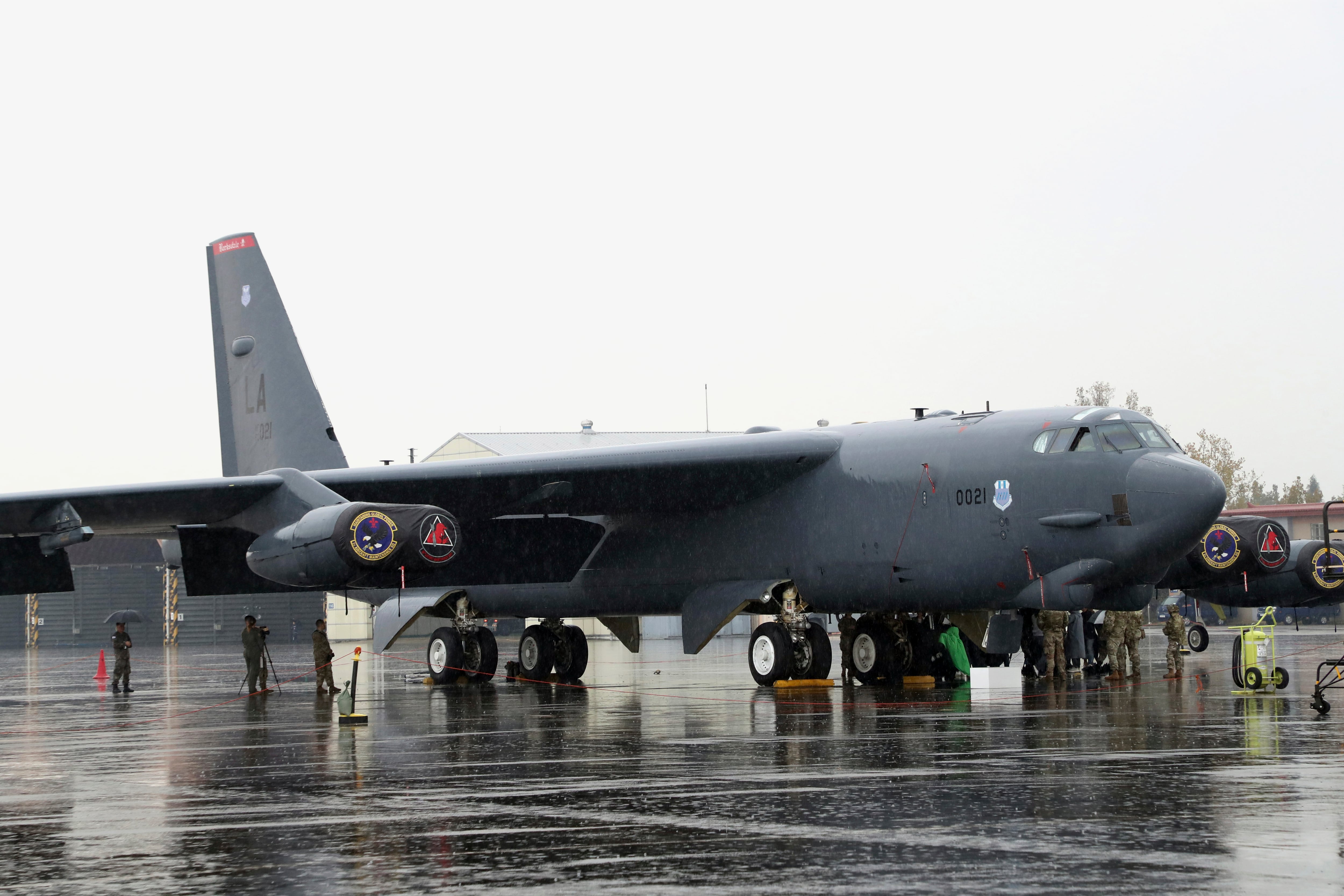 In this photo provided by the South Korea Defense Ministry via Yonhap News Agency, a U.S. Air Force B-52 bomber is parked at an air base in Cheongju, South Korea, Thursday, Oct. 19, 2023.