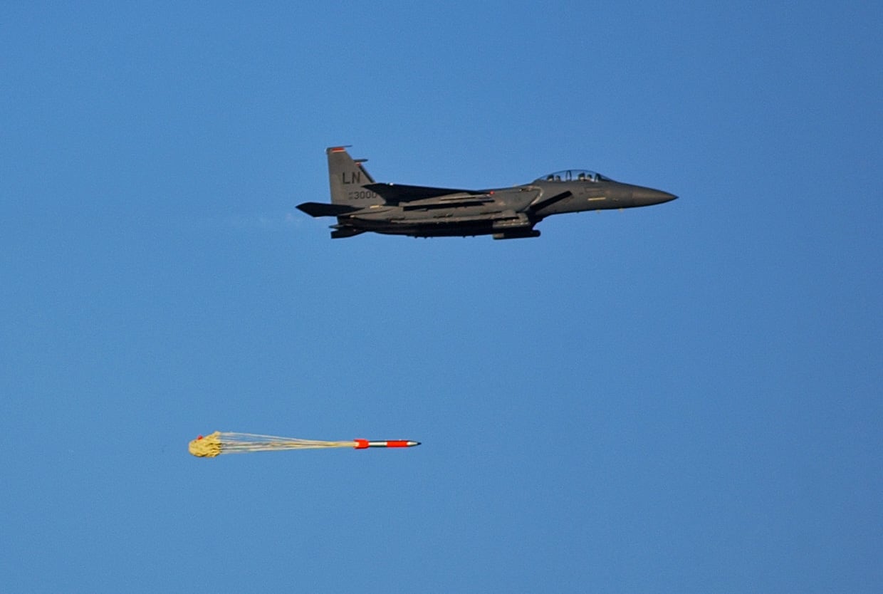 In this undated photo, a joint test assembly undergoes a flight test at Sandia National Laboratories’ Tonopah Test Range in Nevada. The Air Force Nuclear Weapons Center received formal approval in late October 2018 to enter the production phase for the B61-12 nuclear gravity bomb’s new guided tail-kit assembly, or TKA. The Air Force is responsible for the B61-12 TKA, joint integration of the bomb assembly and TKA into the “all-up-round” of the weapon, and its integration with aircraft. (Air Force)