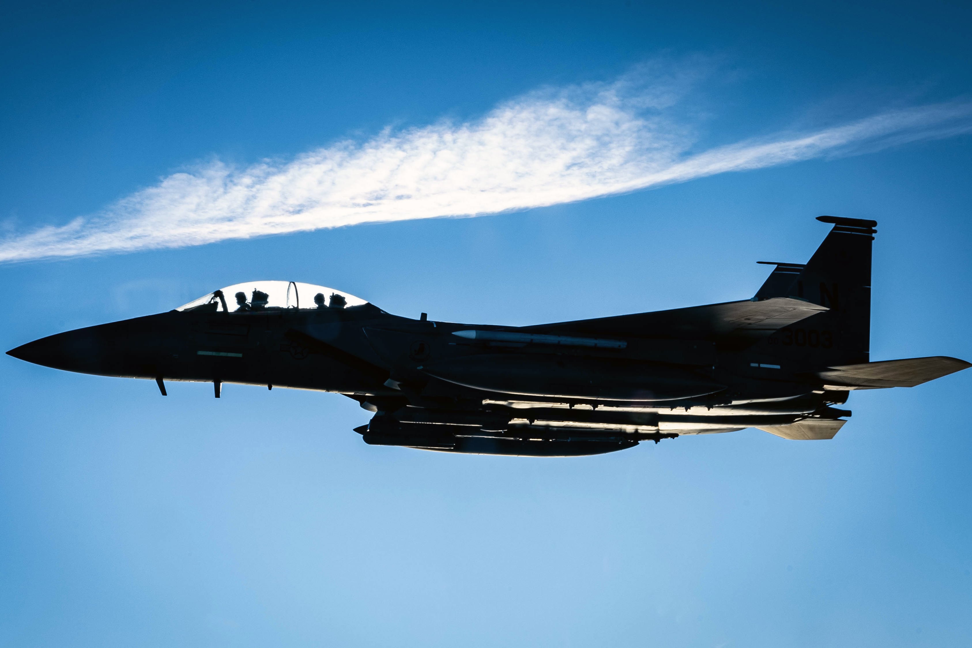 A U.S. Air Force F-15E Strike Eagle from the 494th Fighter Squadron participates in routine refueling operations over the North Sea, Jan. 13, 2022. (Staff Sgt. Gaspar Cortez/Air Force)