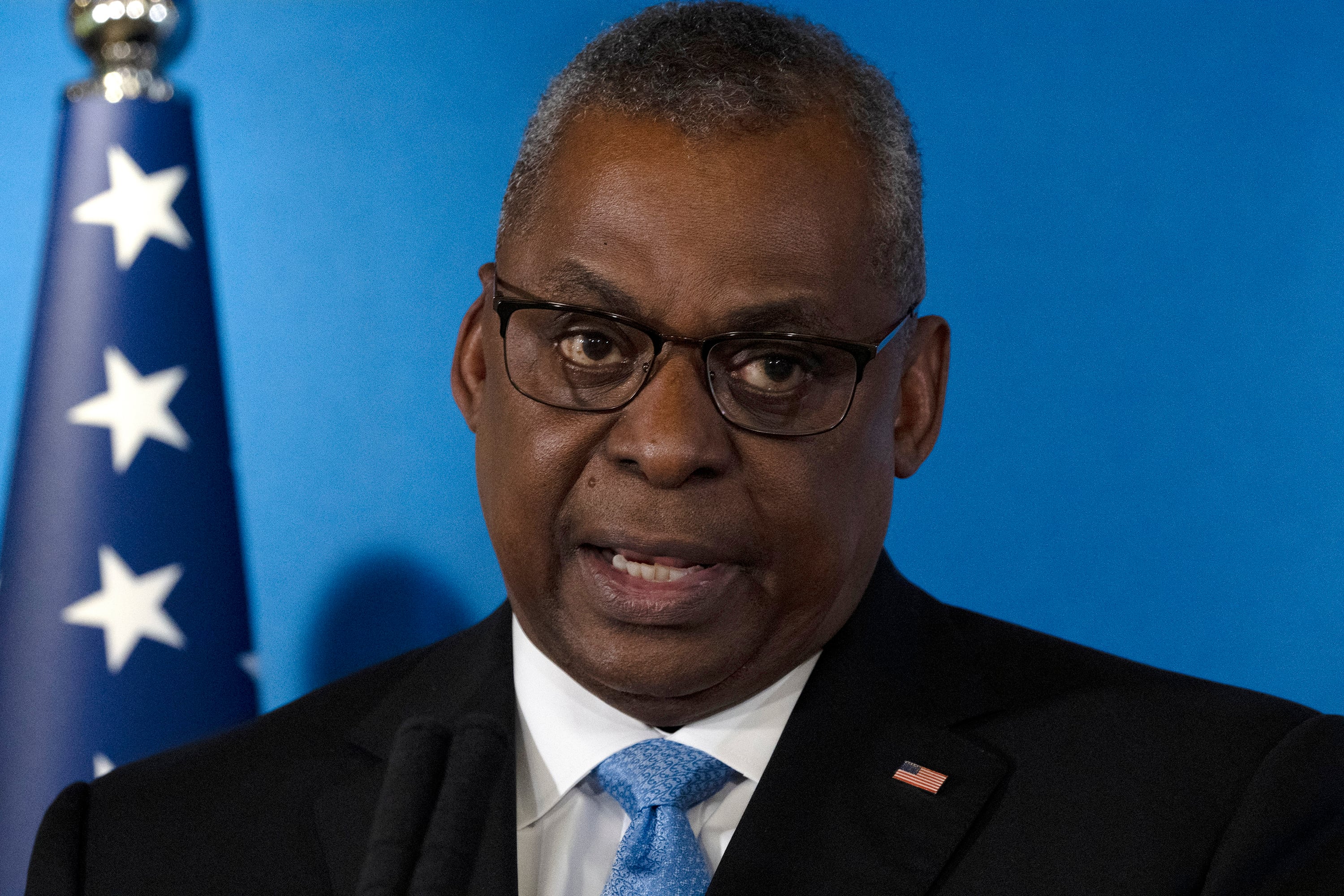 U.S. Secretary of Defense Lloyd Austin speaks during a joint statement with his Israeli counterpart, Minister of Defence Yoav Gallant following their meeting at Ben Gurion International Airport in Thursday, March 9, 2023.