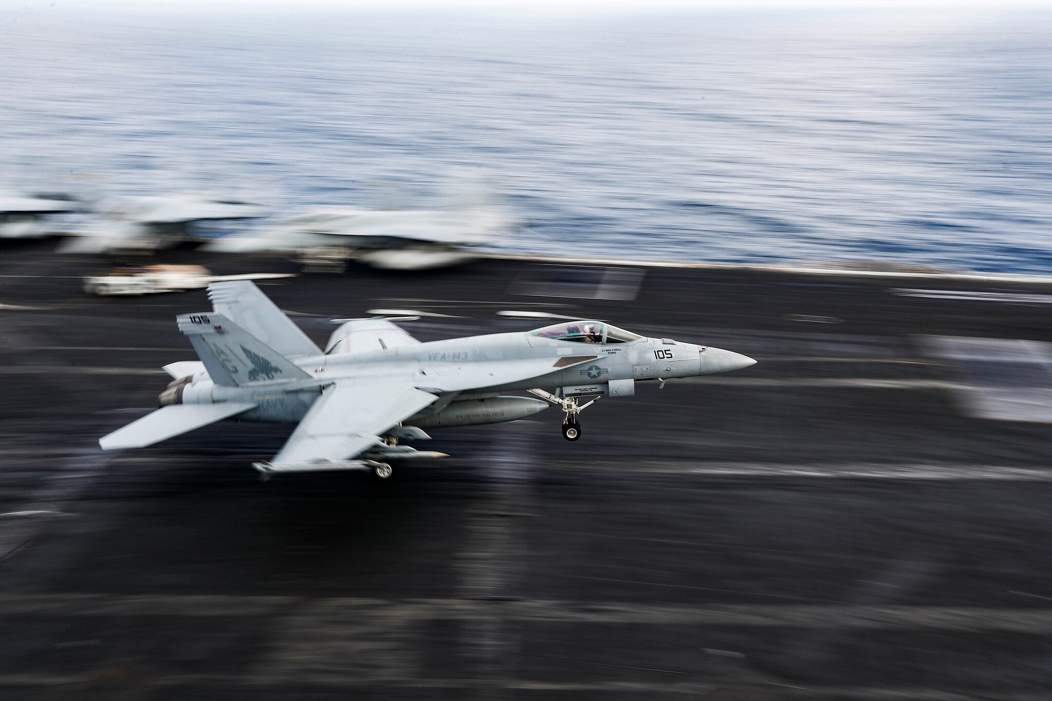 An F/A-18E Super Hornet makes an arrested landing on the flight deck of the aircraft carrier USS Abraham Lincoln (CVN 72) on Aug. 21, 2019, in the Arabian Sea.