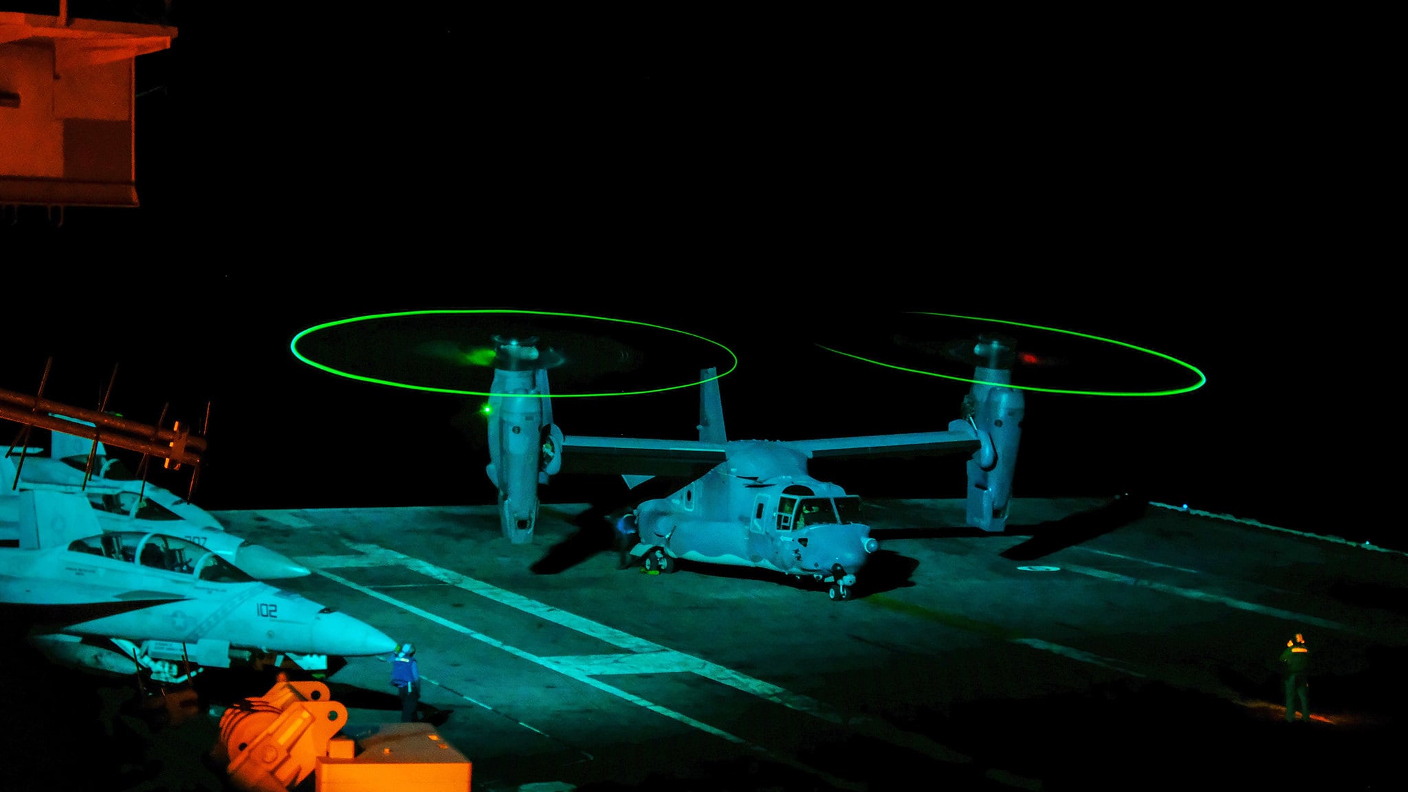 A CV-22 Osprey from the U.S. Air Force 21st Special Operations Squadron in Yokota, Japan, conducts flight operations from the flight deck of the aircraft carrier USS Ronald Reagan (CVN 76) on Aug. 22, 2019, in the Philippine Sea.