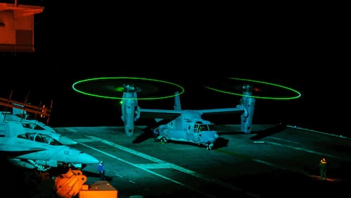 A CV-22 Osprey from the U.S. Air Force 21st Special Operations Squadron in Yokota, Japan, conducts flight operations from the flight deck of the aircraft carrier USS Ronald Reagan (CVN 76) on Aug. 22, 2019, in the Philippine Sea.