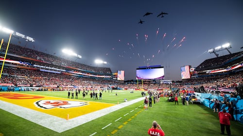 Air Force Global Strike Command bombers perform the Super Bowl LV flyover at Raymond James Stadium in Tampa, Fla., Jan. 7, 2021.