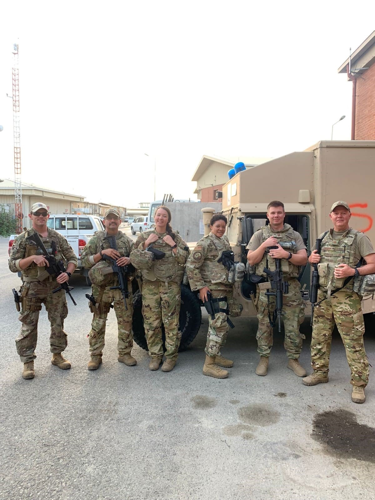 The 379th Expeditionary Aeromedical Evacuation Squadron's aeromedical evacuation liaison team (L-R): Staff Sgt. Morgan Reed, Capt. Carlos Mendoza, Capt. Kayleigh Migaleddi, Master Sgt. Dalphne Charlesworth, Capt. Jon Ashman, Maj. Jayde Sharp. Courtesy of the Air Force.