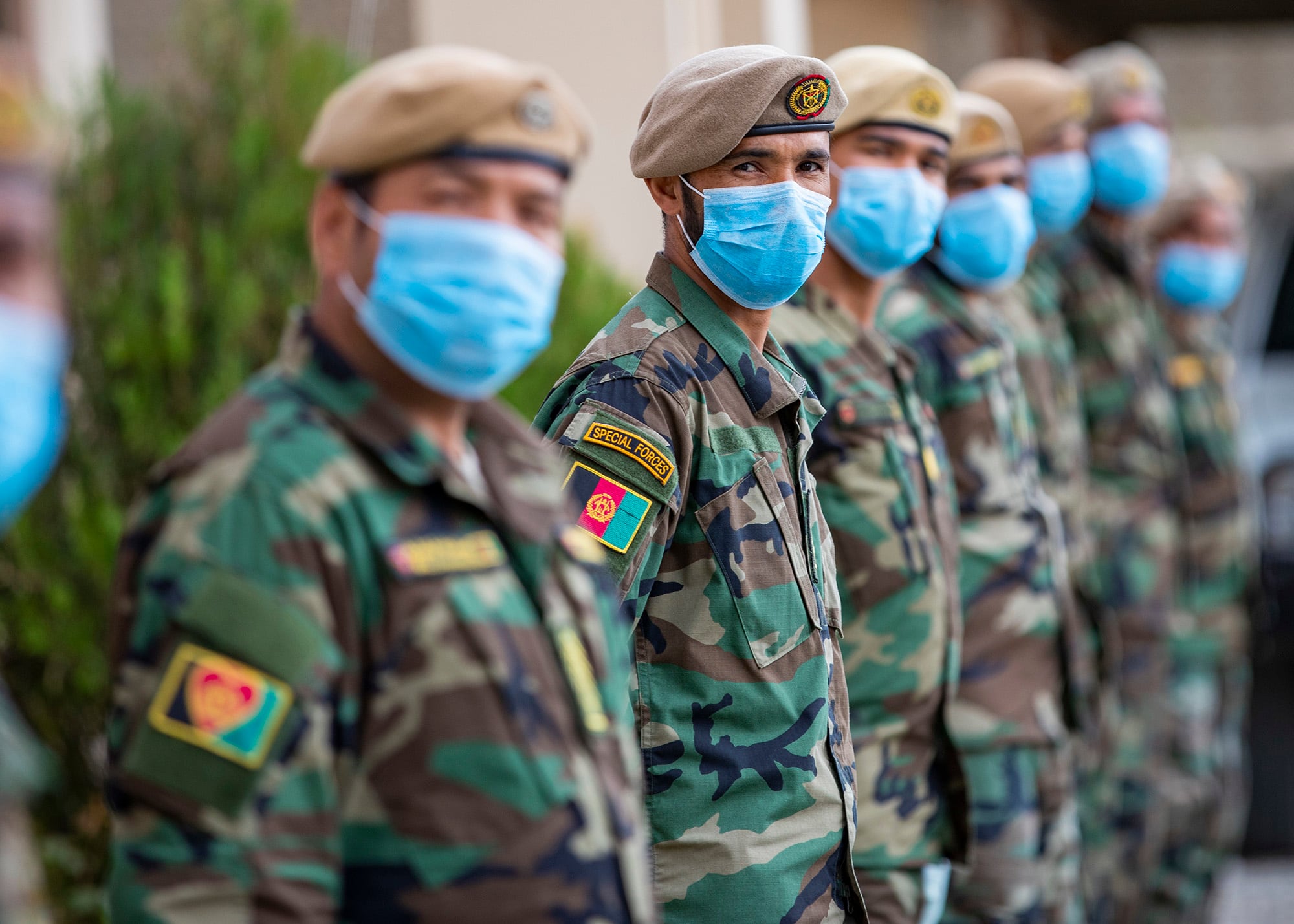 Afghan National Army commandos stand in formation waiting to be greeted by Afghan Minister of Defense Asadullah Khalid and Resolute Support Commander Gen. Scott Miller in Kabul, Afghanistan, April 28, 2020.