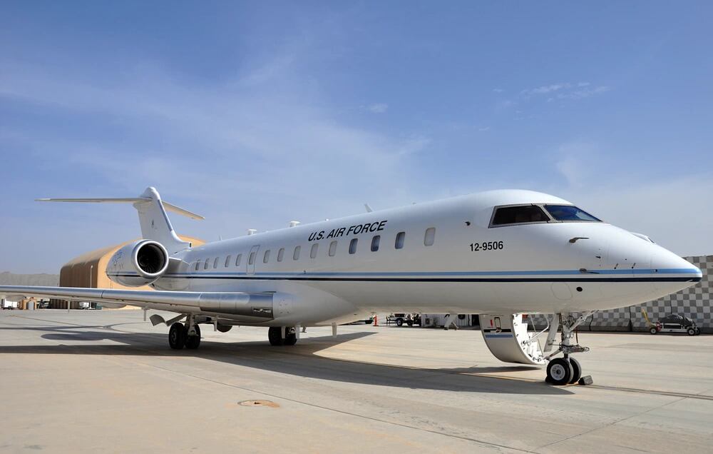 A 430th Expeditionary Electronic Combat Squadron E-11A aircraft outfitted with a Battlefield Airborne Communications Node sits on the runway at Kandahar Airfield, Afghanistan, April 4, 2019. The 430th EECS is the only unit that operates these aircraft with the BACN payload. (Capt. Anna-Marie Wyant/Air Force)