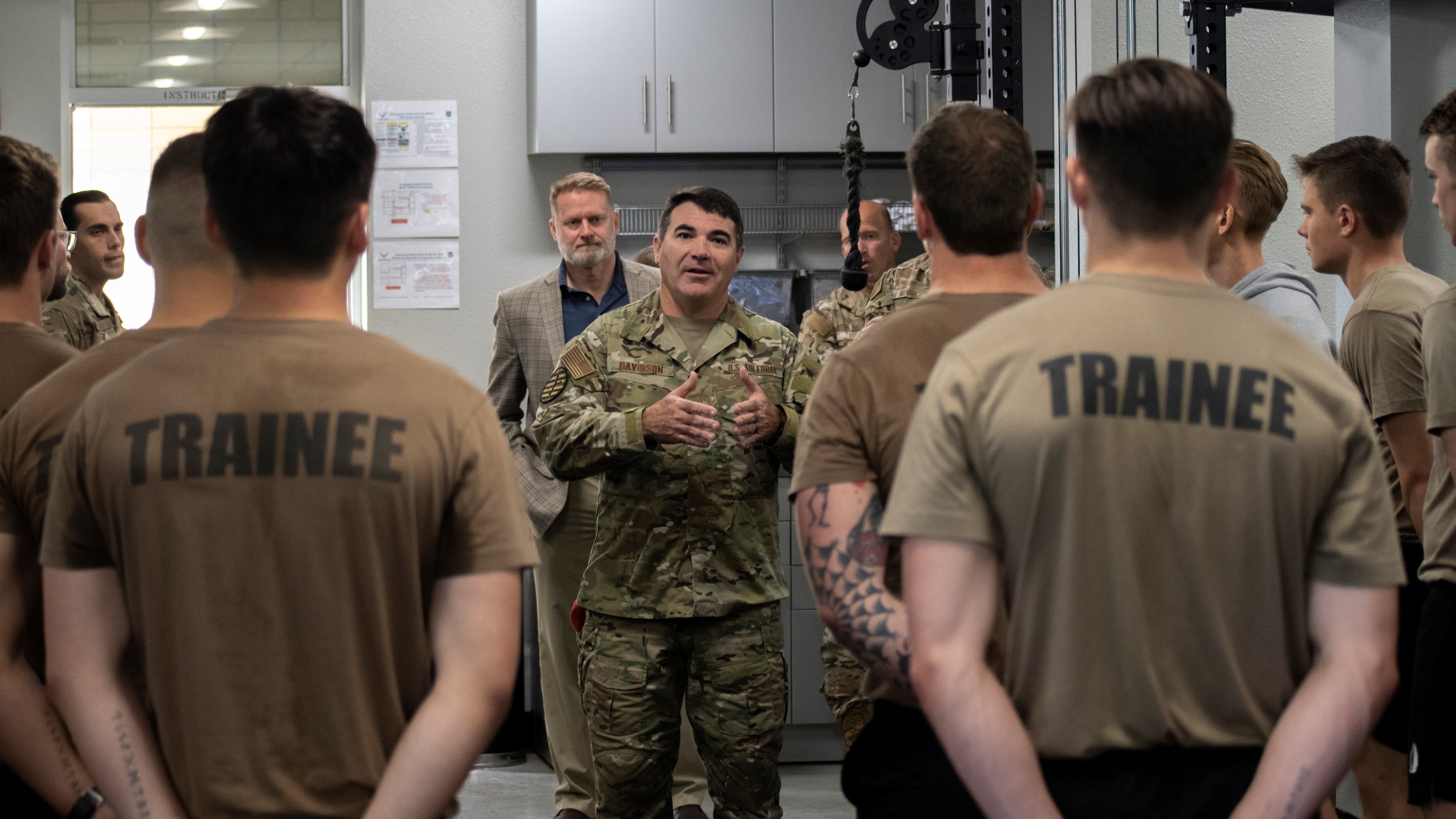 U.S. Air Force Maj. Gen. Matthew Davidson (center), Air Force Special Operations Command director of operations, briefs future Air Force special warfare airmen on the gravity of their mission sets in the age of strategic competition at the Special Warfare Training Wing Human Performance Training Center on Joint Base San Antonio-Chapman Training Annex, Texas, Mar. 17, 2022. Maj. Gen. Davidson visited the SWTW to observe assessment-and-selection and the SWTW pipelines that feed AFSOC career fields. (1st Lt. Xiaofan Liu/Air Force)