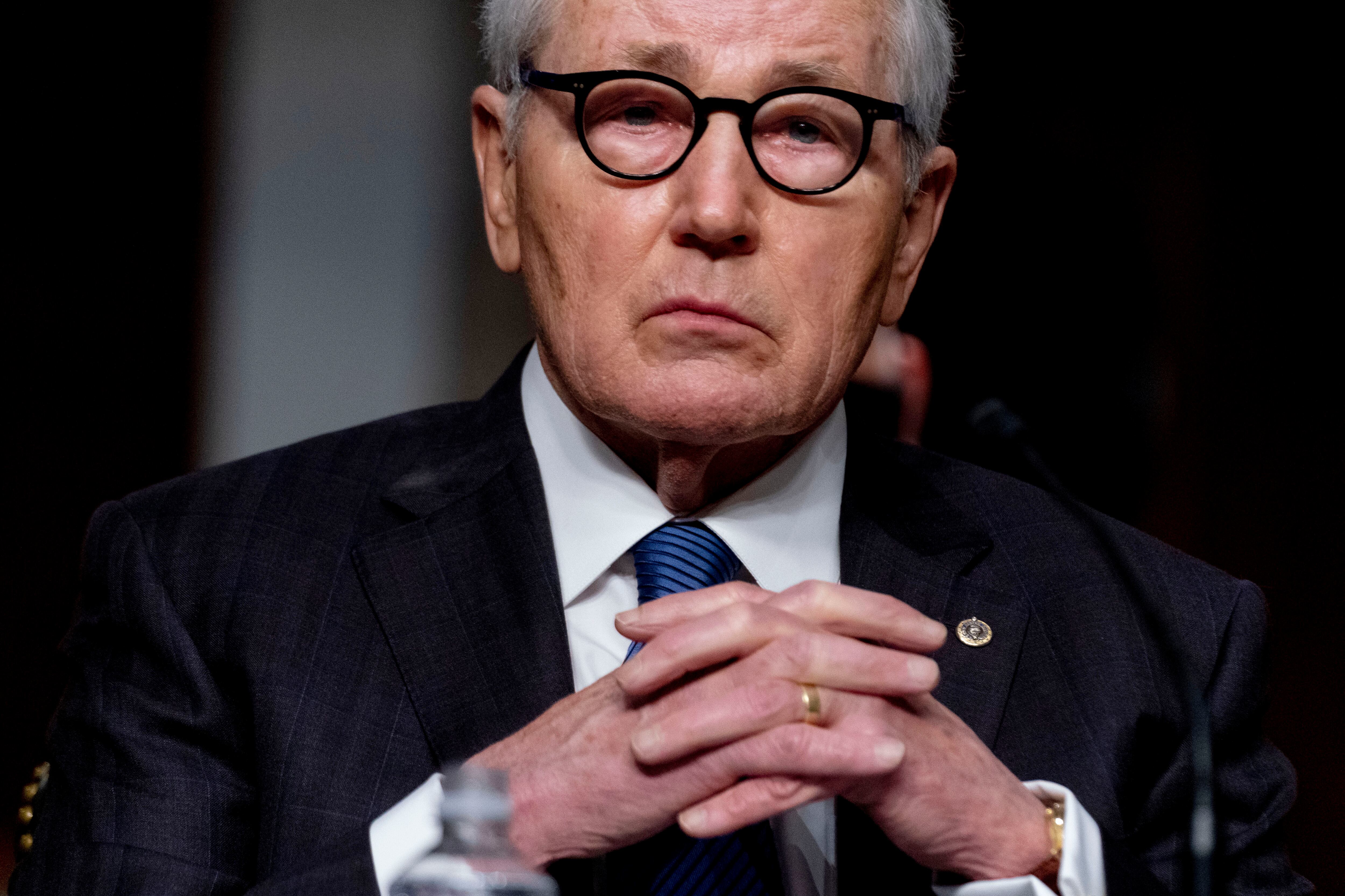 Former Secretary of Defense Chuck Hagel appears to introduce nominee to be Secretary of the Army Christine Elizabeth Wormuth at a Senate Armed Services Committee nomination hearing in Washington, May 13, 2021.