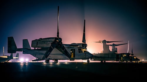 Marine Corps MV-22 Ospreys assigned to Marine Medium Tiltrotor Squadron 166, Special Purpose Marine Air-Ground Task Force Crisis Response - Central Command, are staged on the flight line in Kuwait, Sept 24, 2020.