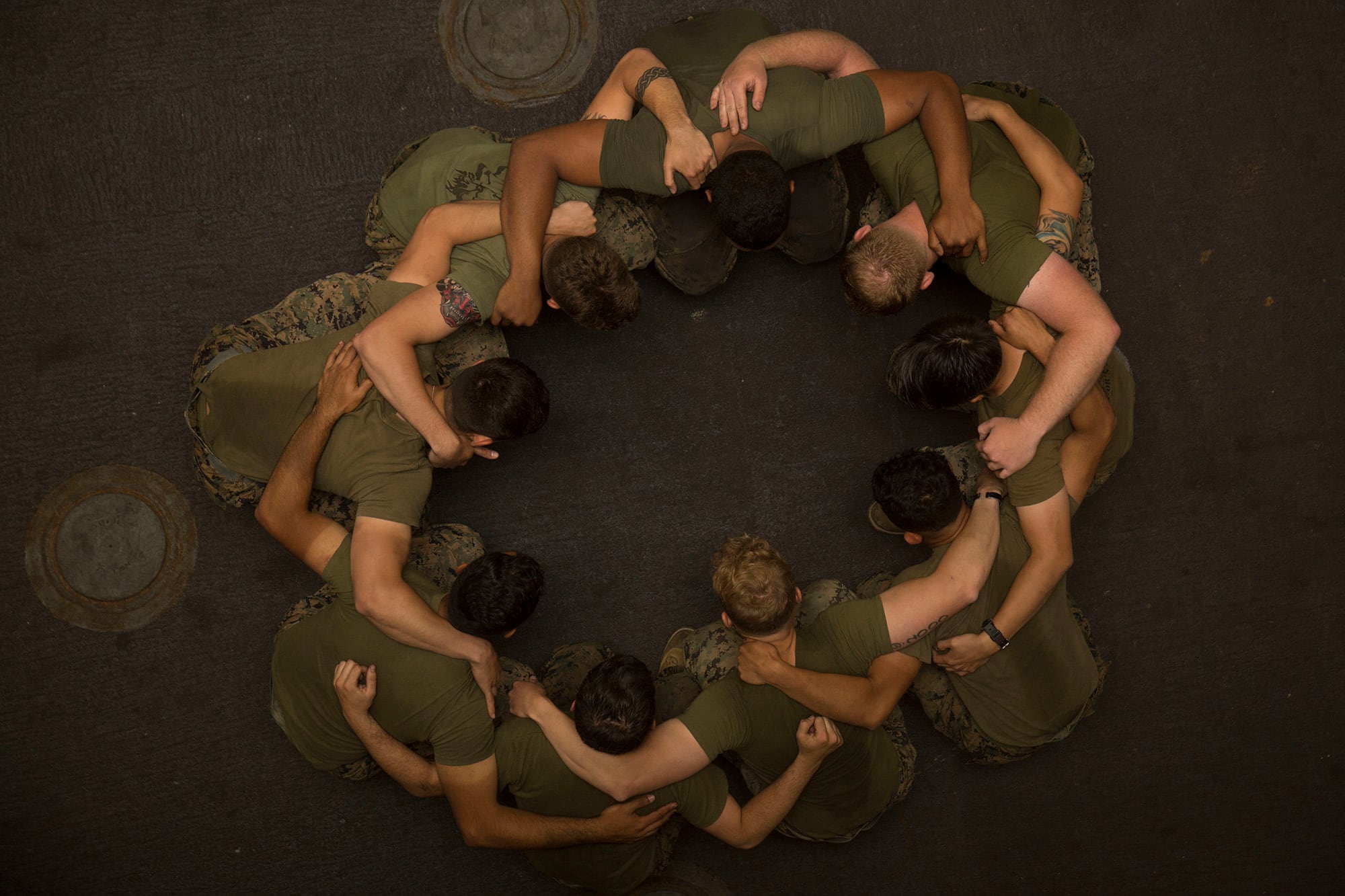 Marines participate in a Marine Corps Martial Arts Program class aboard the San-Antonio class amphibious transport dock ship USS Anchorage (LPD 23), April 28, 2018.