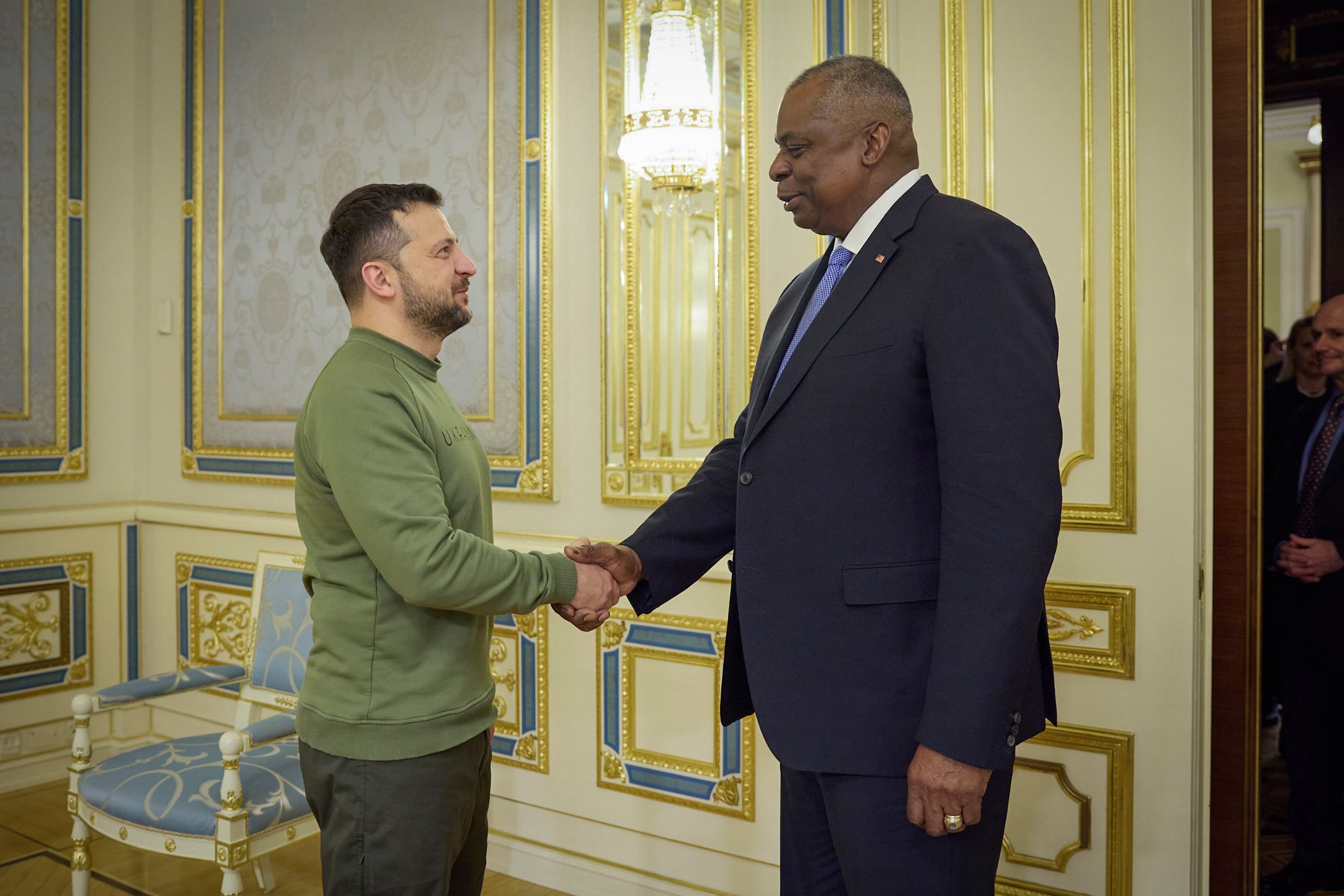 In this photo provided by the Ukrainian Presidential Press Office, Ukrainian President Volodymyr Zelenskyy, left, shakes hands with U.S. Secretary of Defense Lloyd Austin in Kyiv, Ukraine, Monday, Nov. 20, 2023.