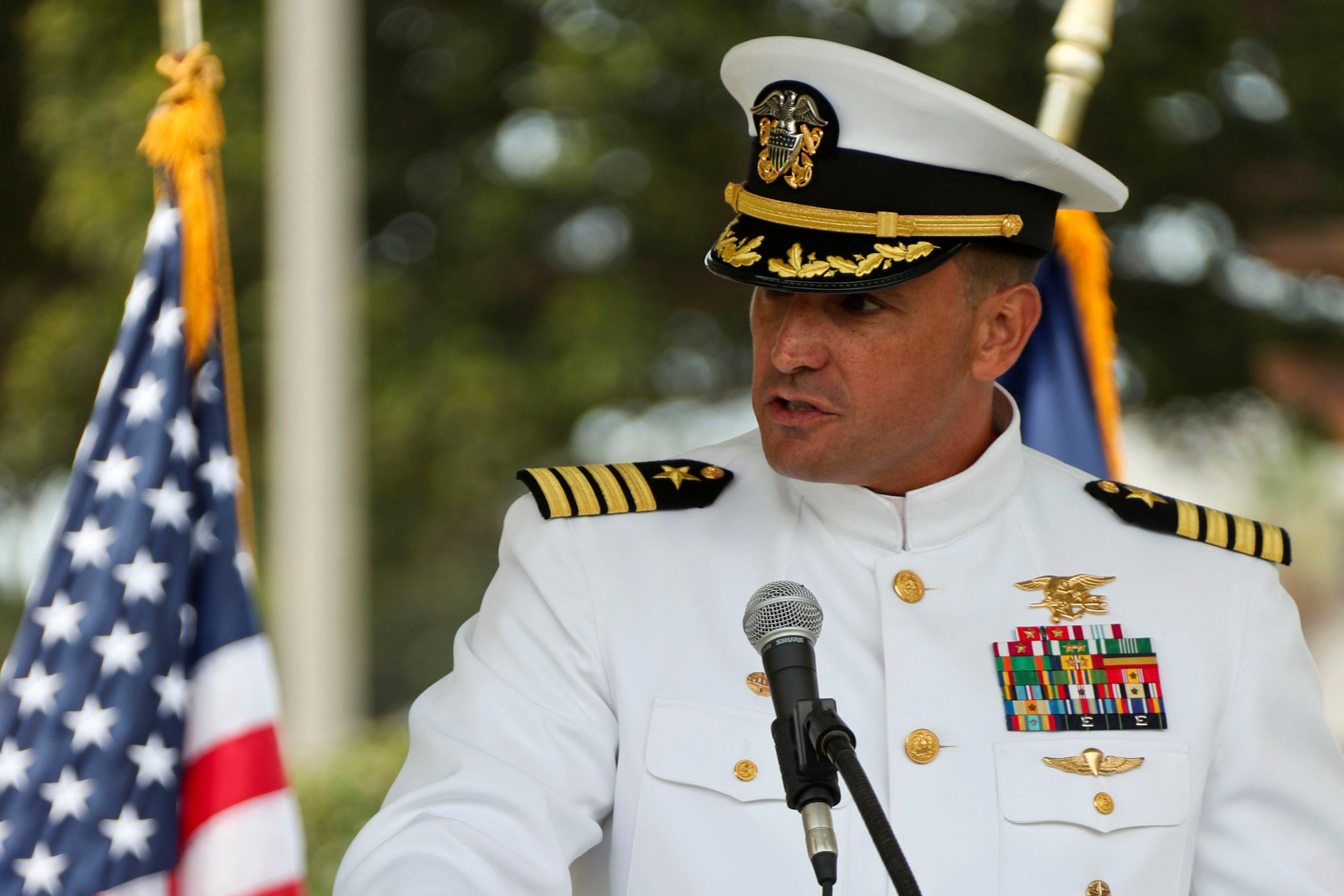 In this image provided by the U.S. Navy, Capt. Brian Drechsler, commanding officer, Naval Special Warfare Center, speaks during a change of command ceremony at Naval Amphibious Base Coronado, on July 23, 2021.