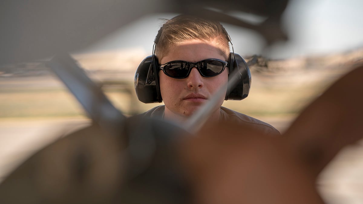 Airman 1st Class Zach Oborn drives an MJ-1B Jammer during Green Flag-West 19-8 at Nellis Air Force Base, Nev., on June 8, 2019.