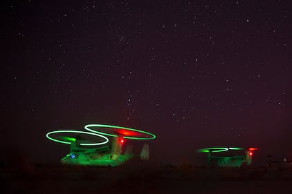 Marine Corps MV-22B Ospreys refuel Oct. 5, 2020, during static forward arming and refueling point training at Holtville Airfield in Holtville, Calif., Oct. 5, 2020.