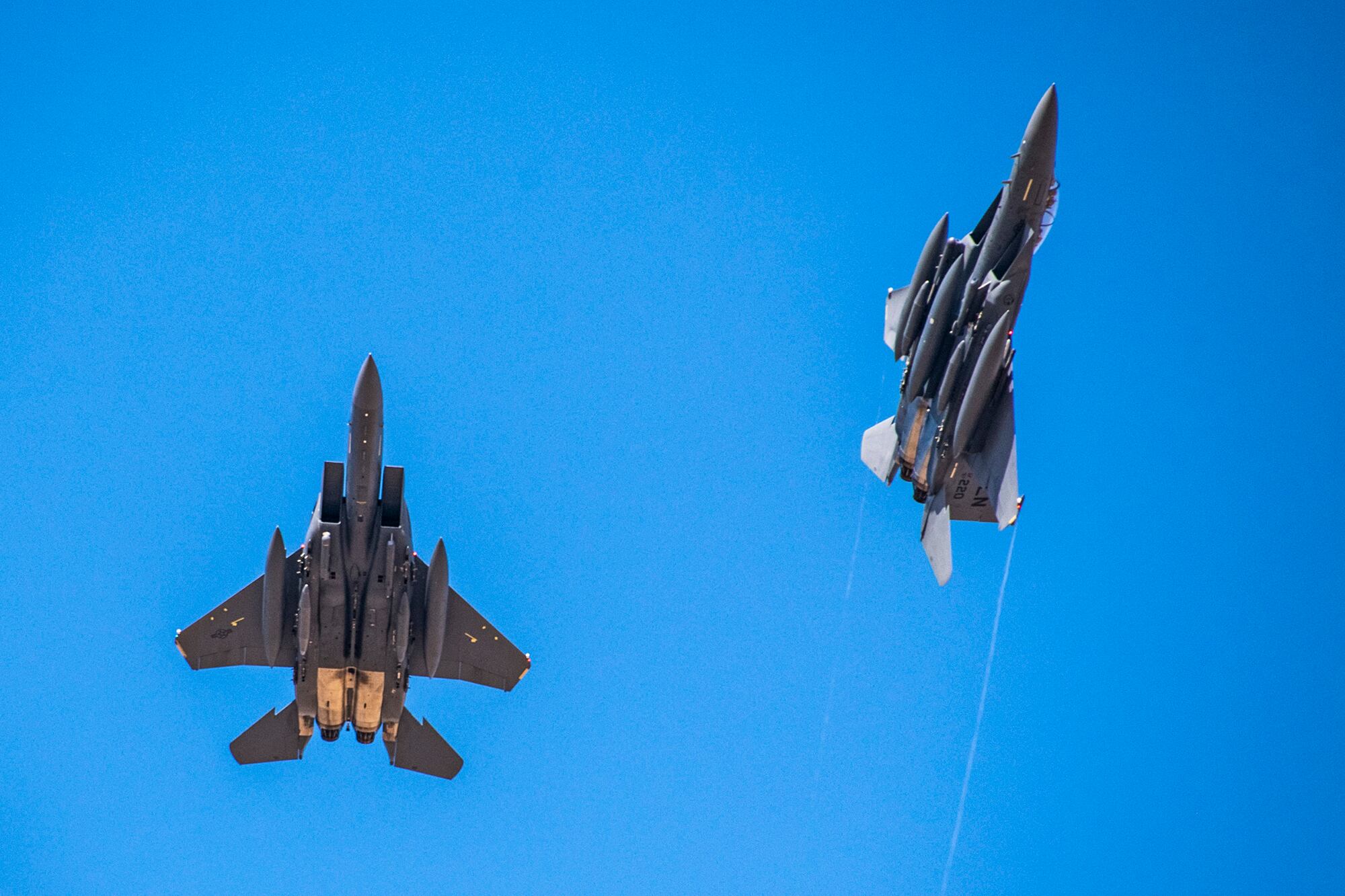 F-15E Strike Eagles from the 492nd Fighter Squadron arrive at an undisclosed location in Southwest Asia, May 5, 2020.