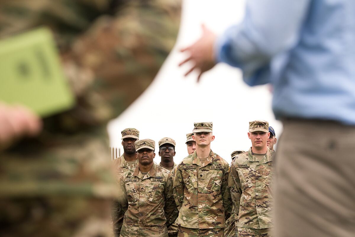 Then-Acting Secretary of Defense Patrick Shanahan and Acting Secretary of Homeland Security Kevin McAleenan meet with U.S. Army soldiers assigned to the 93rd Military Police Battalion Crisis Response Force, deployed from Fort Bliss, Texas, and National Guard soldiers from the 3rd, 141st Infantry Battalion during a visit to the U.S. southern border in McAllen, Texas, May 11, 2019.