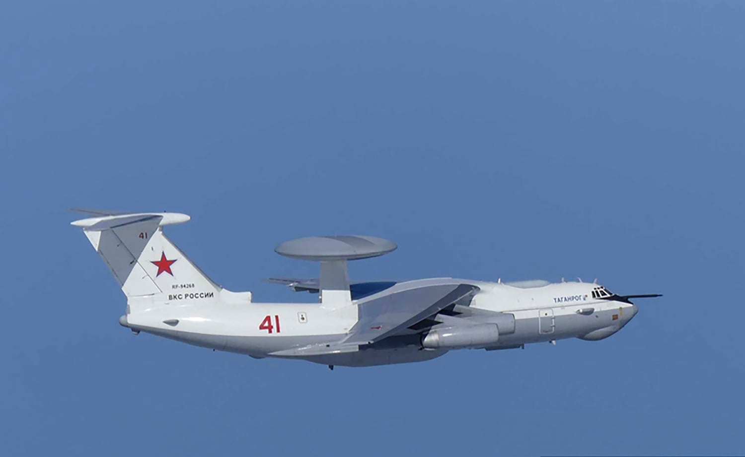 This image released by Joint Staff, Ministry of Defense, shows Russian A-50 airborne early warning and control aircraft flying near a Korean-controlled island