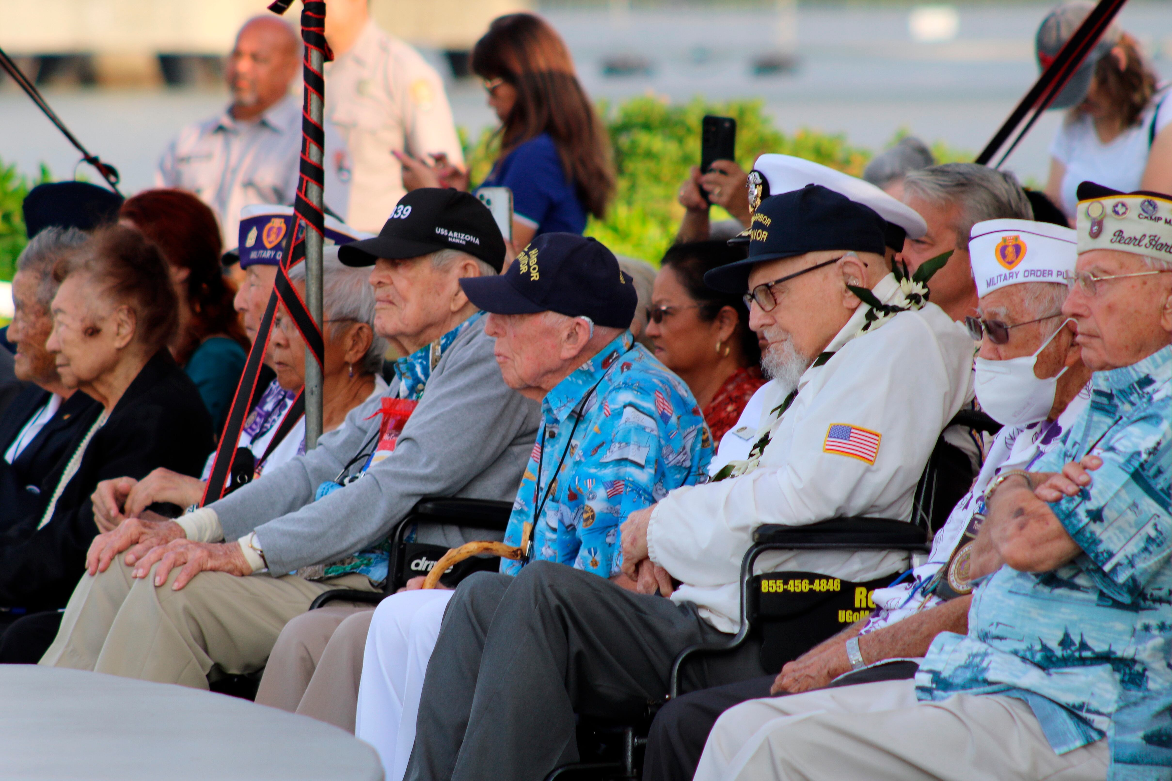 Pearl Harbor survivors and other military veterans observe a ceremony on Wednesday, Dec. 7, 2022, in Pearl Harbor, Hawaii in remembrance of those killed in the 1941 attack.