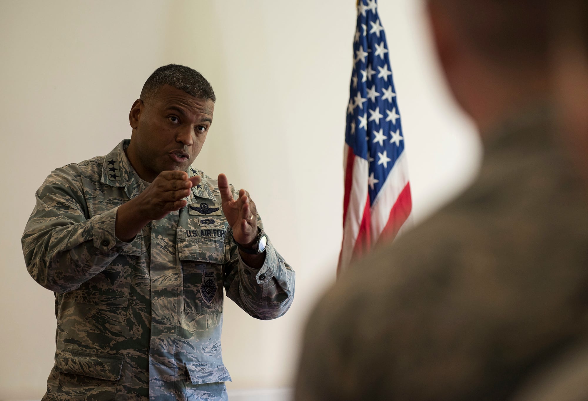 Air Force Lt. Gen. Richard M. Clark, 3rd Air Force Commander, speaks with airmen from the 420th Munitions Squadron at RAF Welford, United Kingdom, on Nov. 8, 2017.