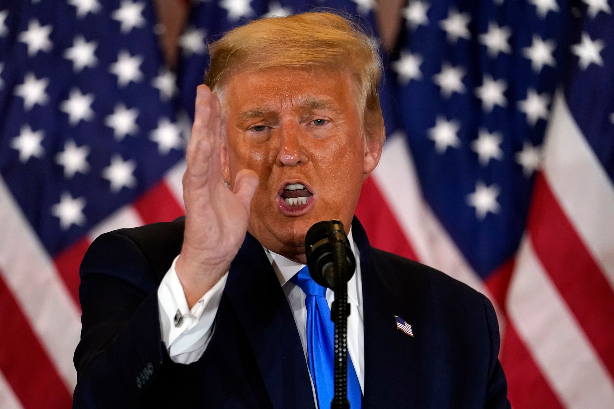 President Donald Trump speaks in the East Room of the White House, early Wednesday, Nov. 4, 2020, in Washington.