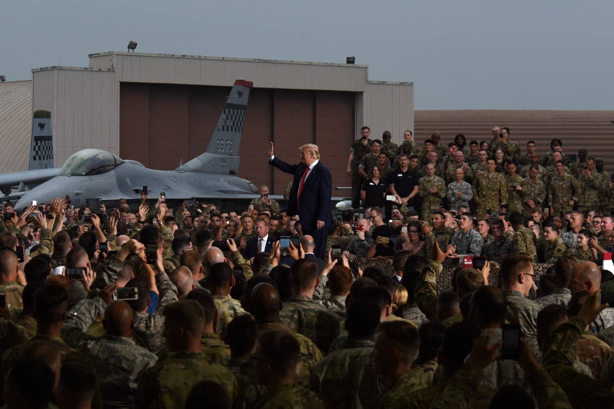 President Donald Trump addresses service members and their families during an event at Osan Air Base, South Korea, June 30, 2019.