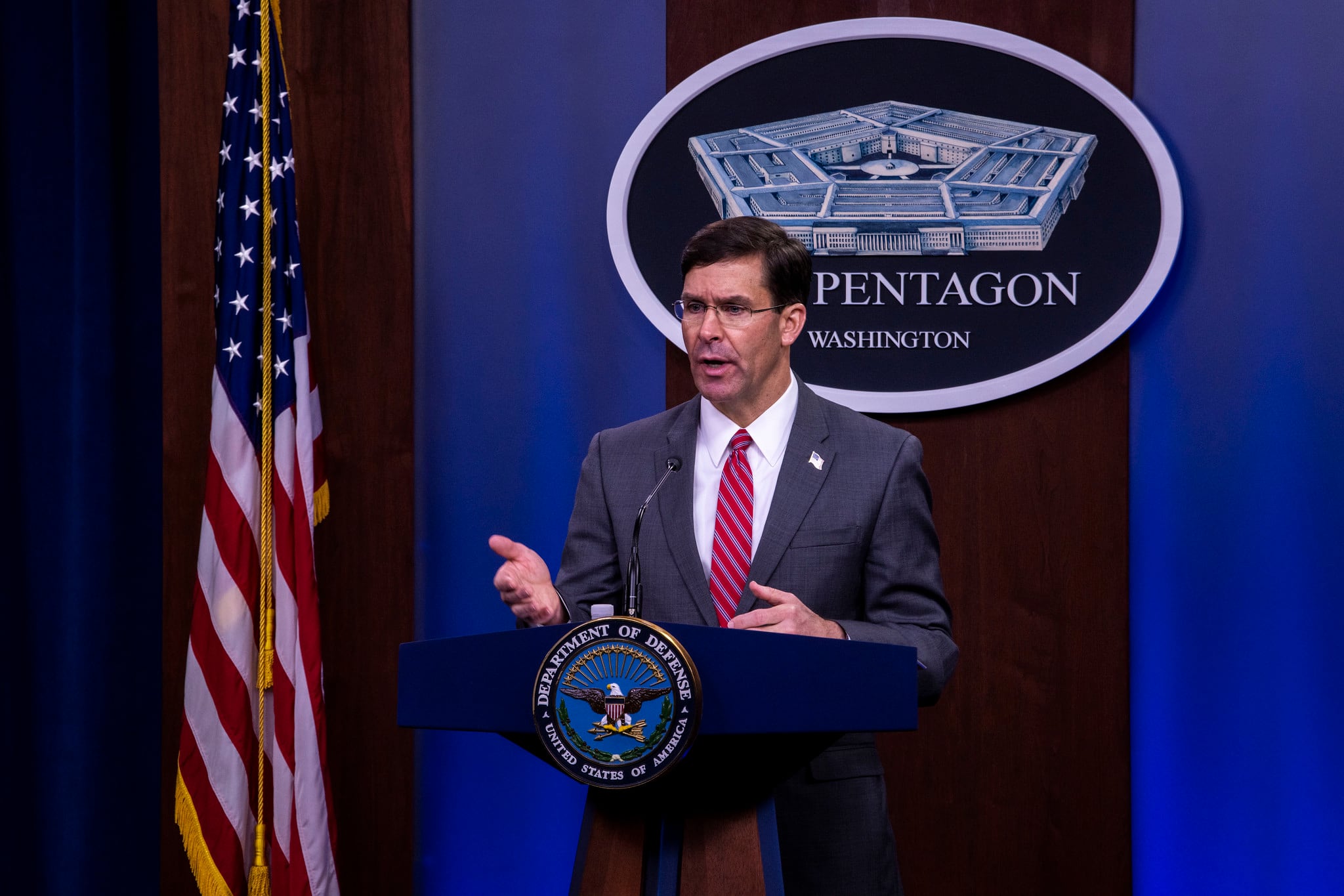 Defense Secretary Mark Esper holds a news conference at the Pentagon, June 3, 2020.