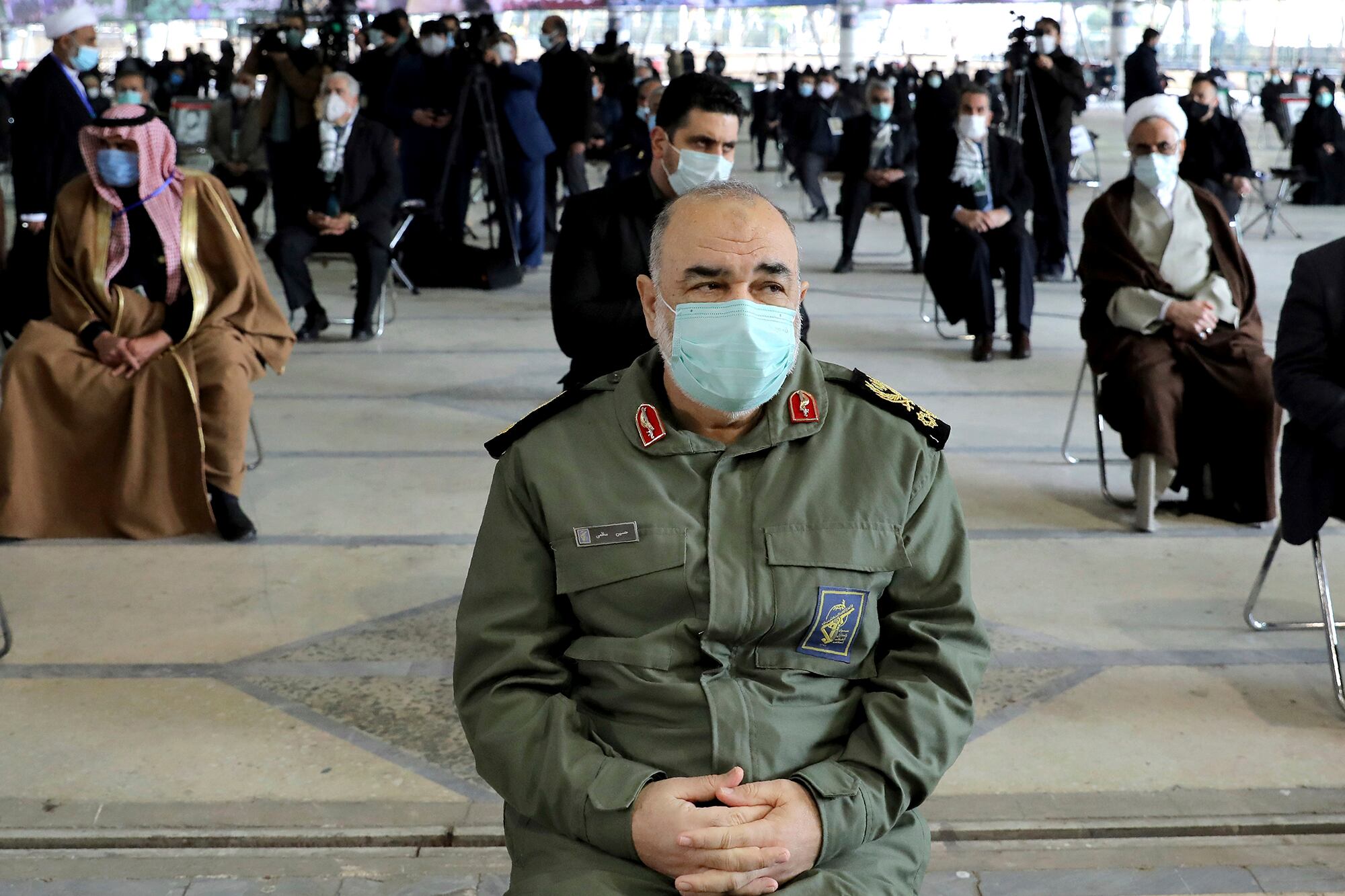 Chief of Iran's Revolutionary Guard Gen. Hossein Salami attends a ceremony on the first anniversary of the death of Gen. Qassem Soleimani, in Tehran, Iran, Friday, Jan. 1, 2021.