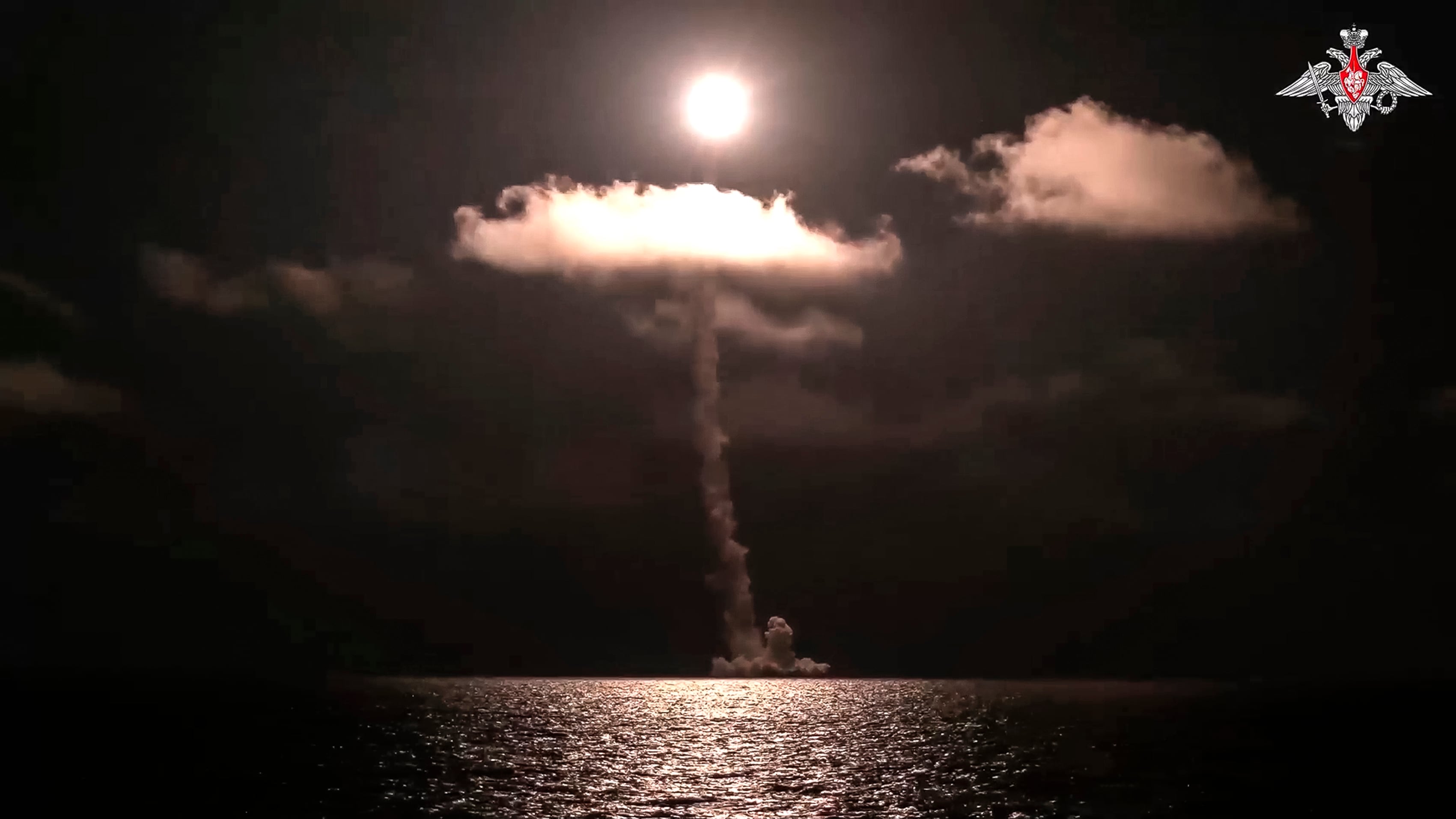 In this photo released by Russian Defense Ministry Press Service on Sunday, Nov. 5, 2023, The Emperor Alexander III nuclear submarine of the Russia navy test-fires a Bulava intercontinental ballistic missile from the White Sea.