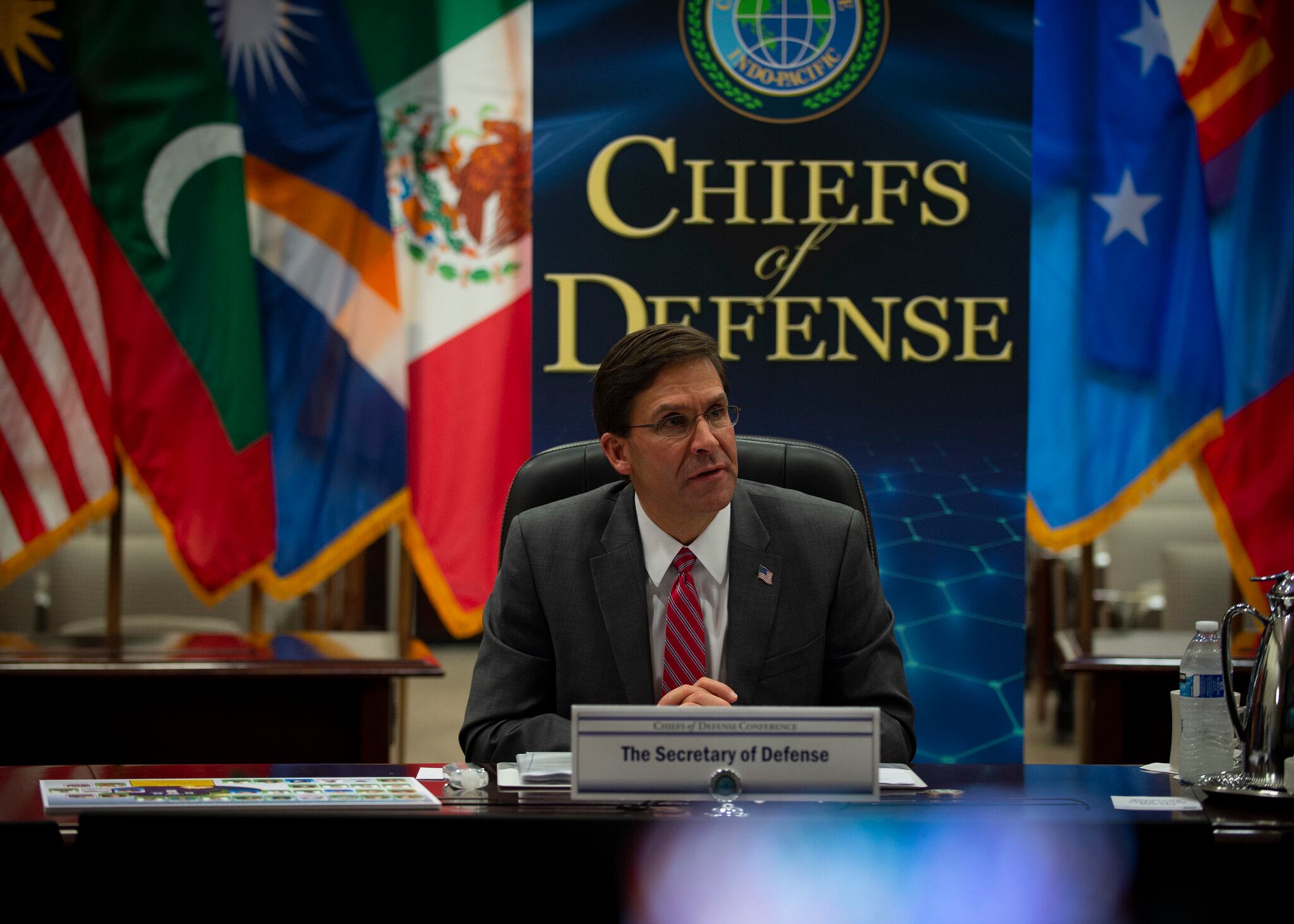 Defense Secretary Mark Esper speaks during the Chiefs of Defense conference on Aug, 25, 2020, at U.S. Indo-Pacific Command Headquarters at Camp H.M. Smith Hawaii.