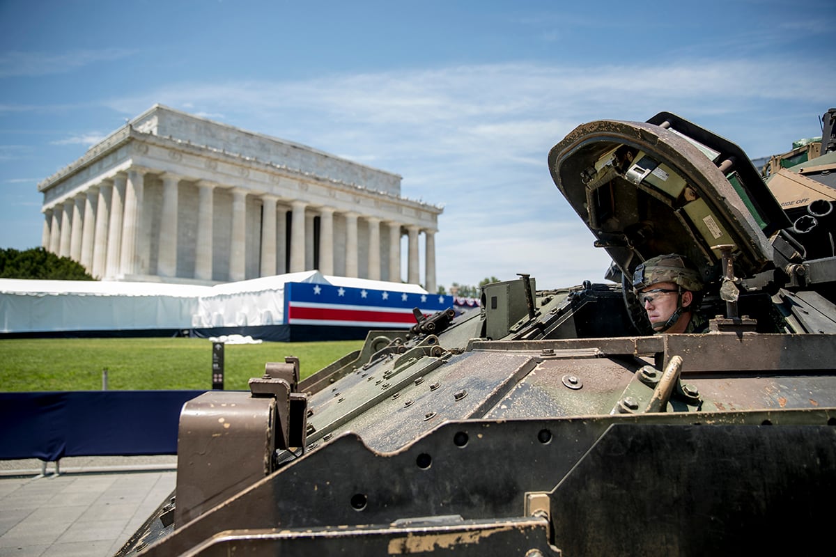 One of two Bradley Fighting Vehicles waits to be driven into place in front of the Lincoln Memorial for President Donald Trump's "Salute to America" event honoring service branches on Independence Day, Tuesday, July 2, 2019, in Washington.