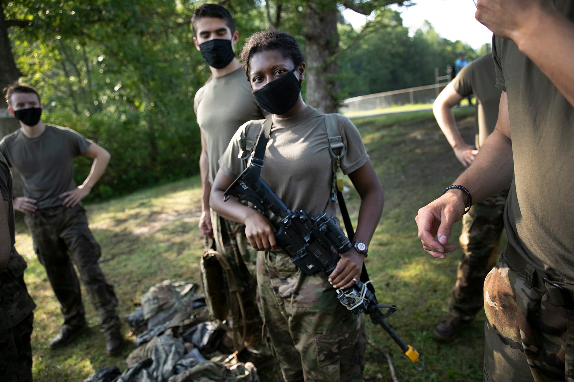 Niara Pelton, of Houston, Texas, carries her M-4 Carbine during drills, Friday, Aug. 7, 2020, in West Point, N.Y.