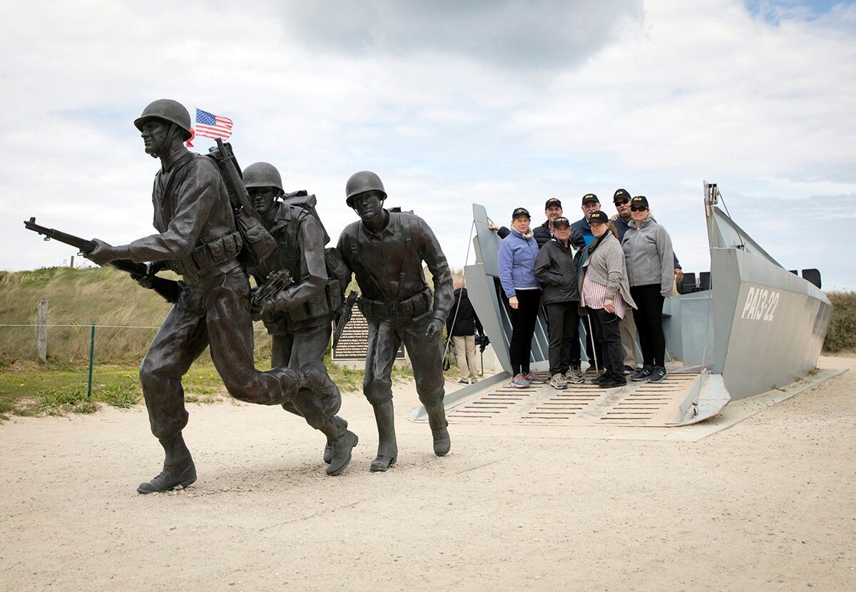 a statue of WWII U.S. soldiers on Utah Beach in Sainte-Marie-du-Mont, Normandy, France.