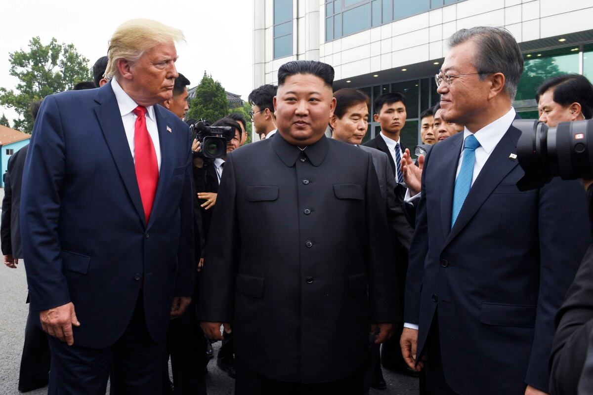 President Donald Trump meets with North Korean leader Kim Jong Un at the border village of Panmunjom in the Demilitarized Zone, South Korea, Sunday, June 30, 2019.