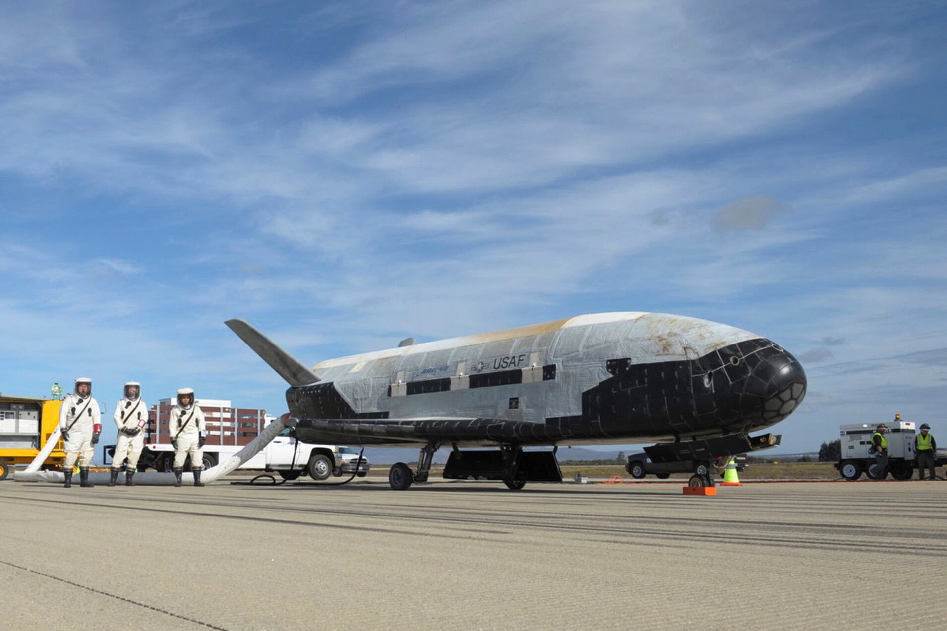 This undated photo provided by the U.S. Air Force shows an X-37B Orbital Test Vehicle at NASA's Kennedy Space Center in Florida.