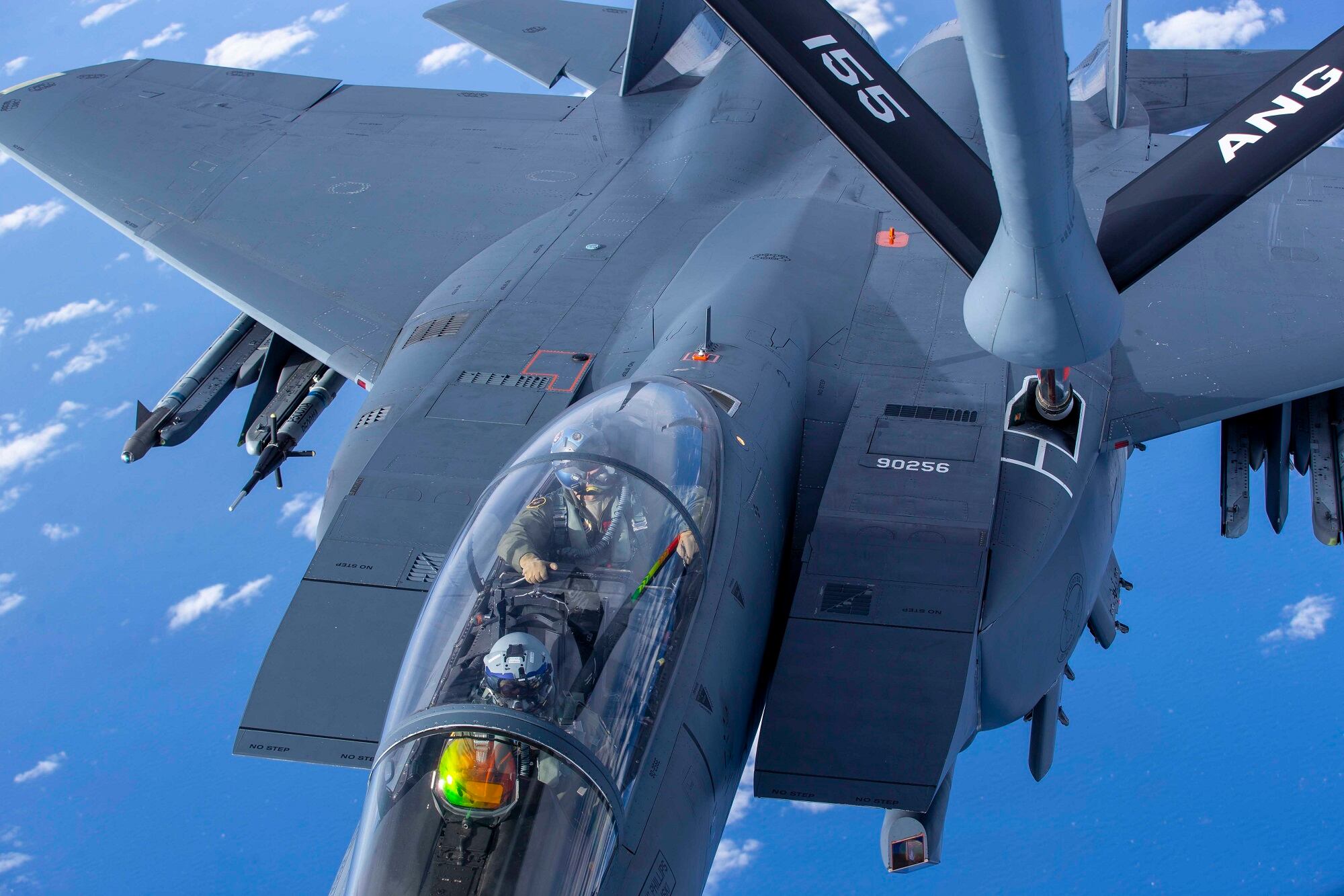 An Air Force F-15E Strike Eagle prepares to receive from a KC-135 Stratotanker during Emerald Flag over the Gulf of Mexico, Dec. 3, 2020.