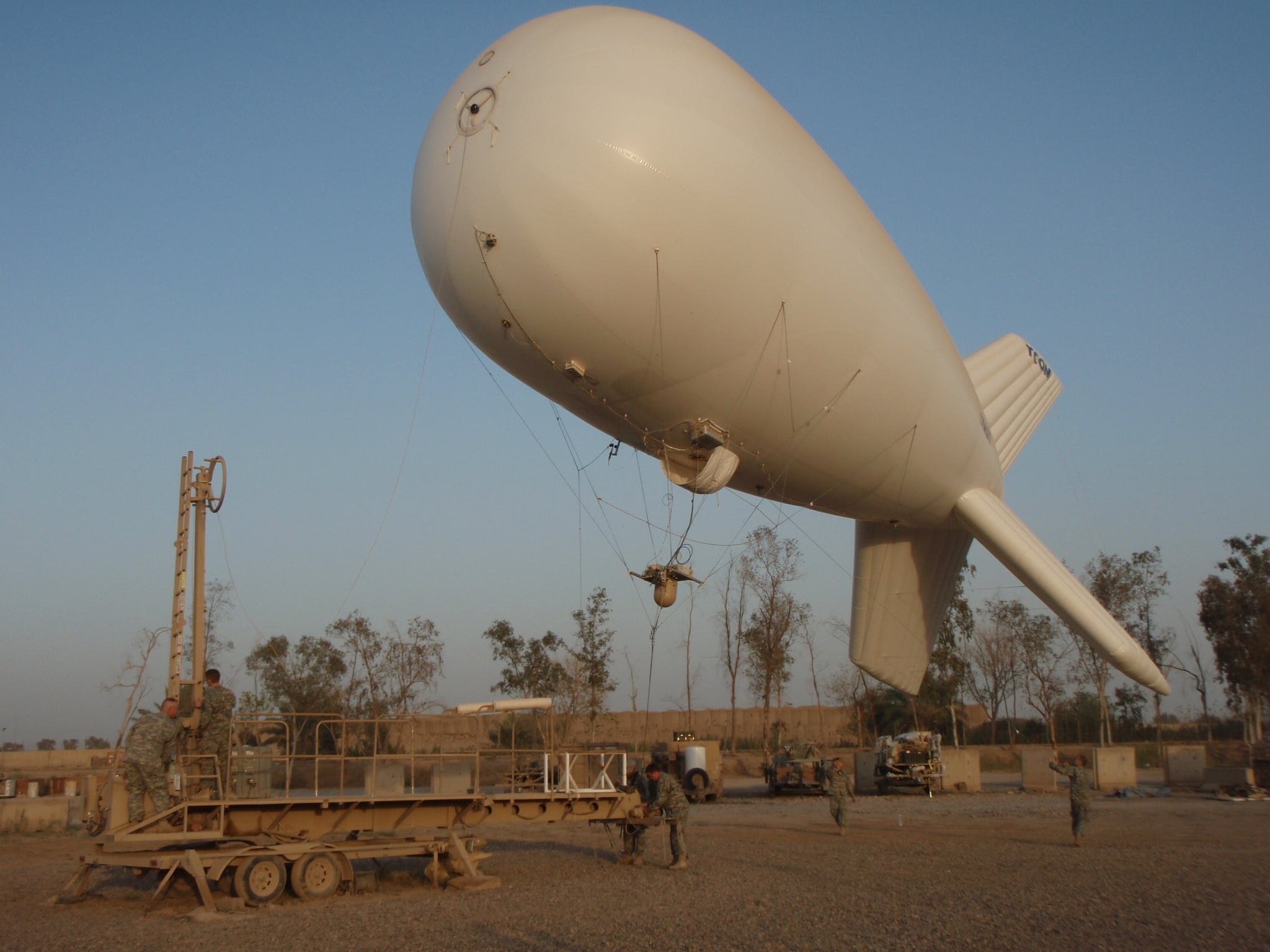 Soldiers prepare to moor the 17M Liberty Rapid Initial Aerial Deployment or Aerostat at Camp Liberty, Baghdad in 2008.